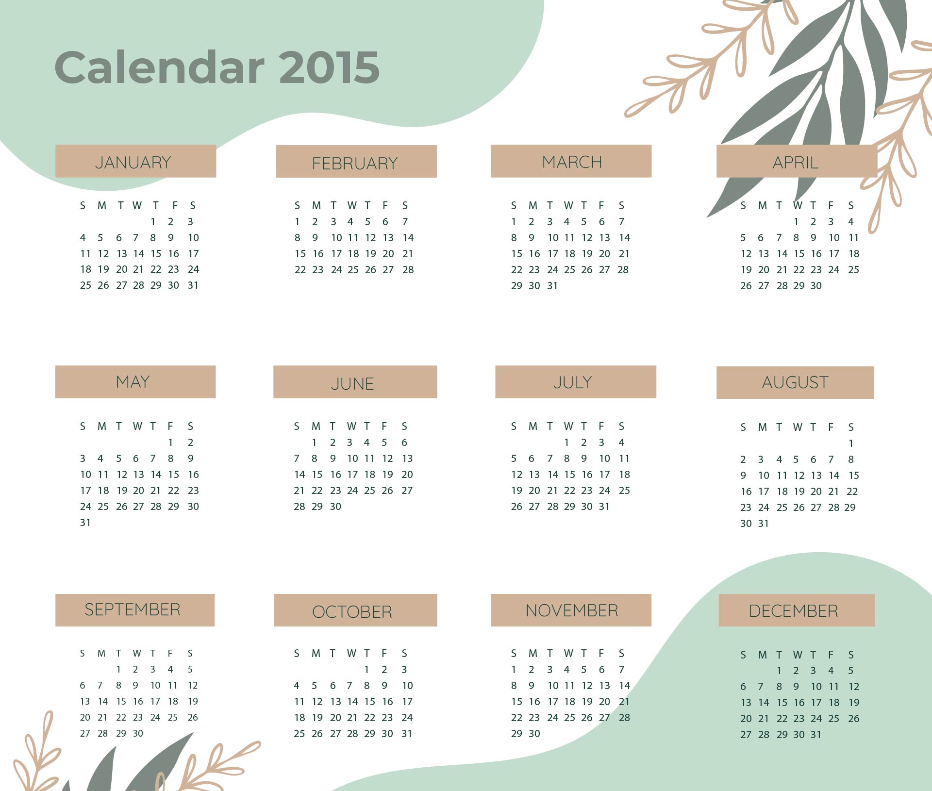 12 Month Calendar Template 2015