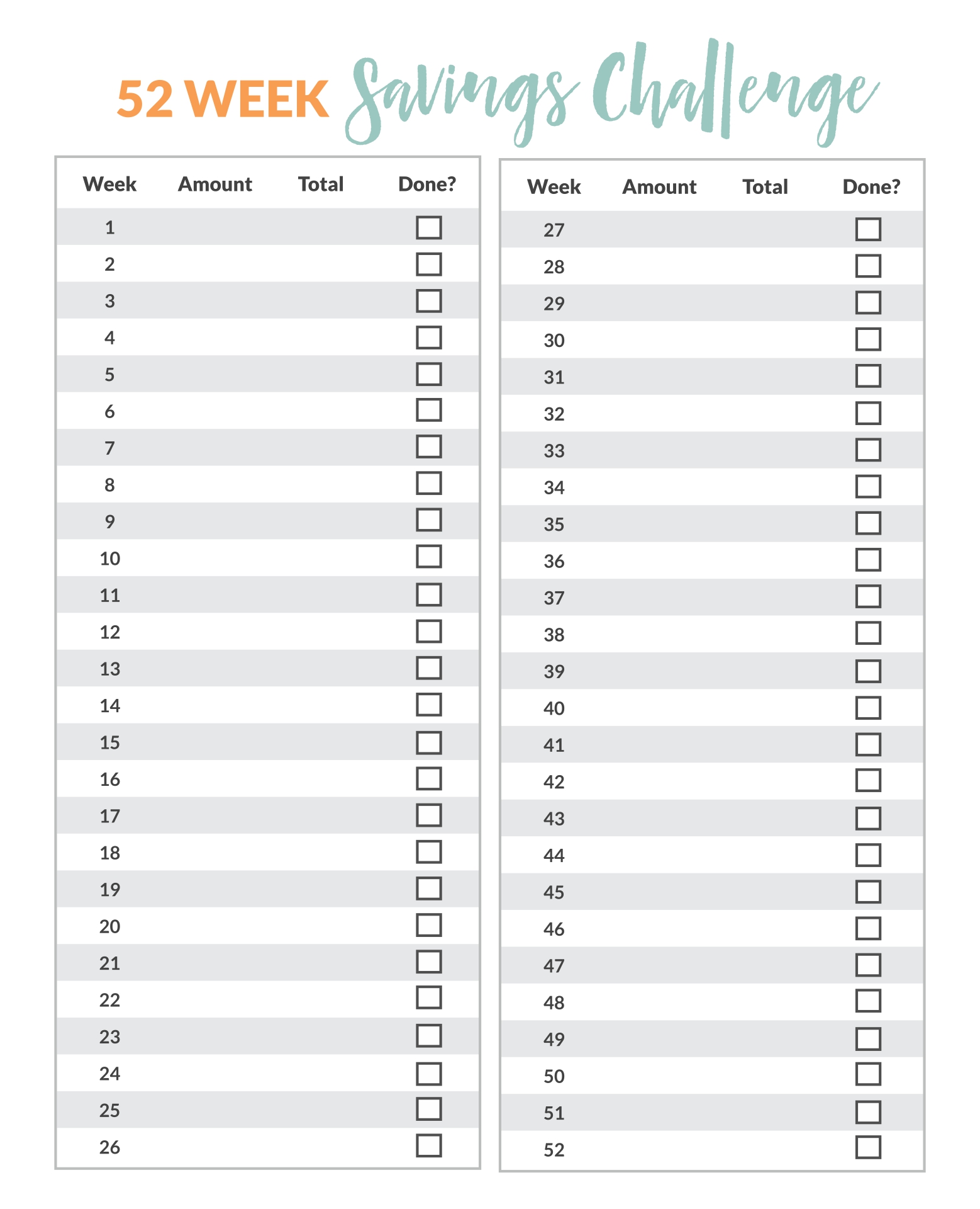 Money Saving Chart Printable