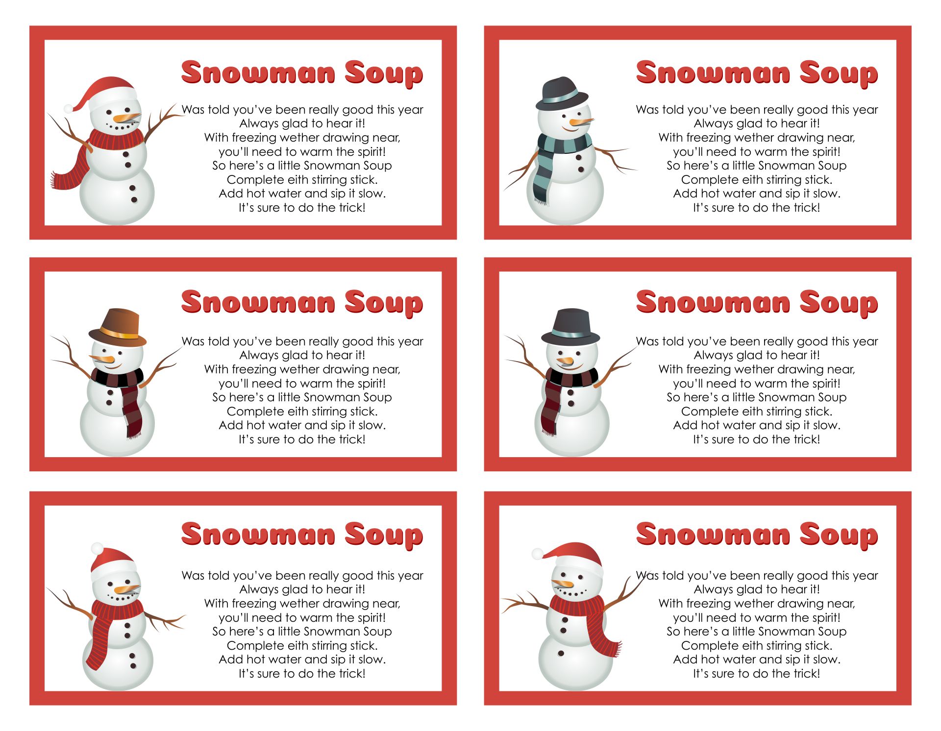 Snowman Soup Printable Bag Toppers