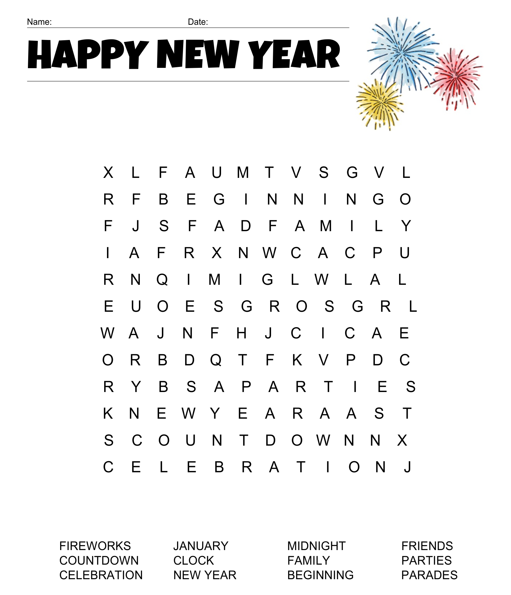 New Year Word Search Puzzle Printable