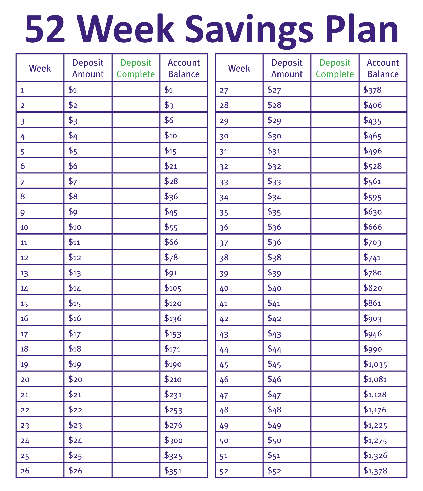 Printable 52 Week Savings Plan