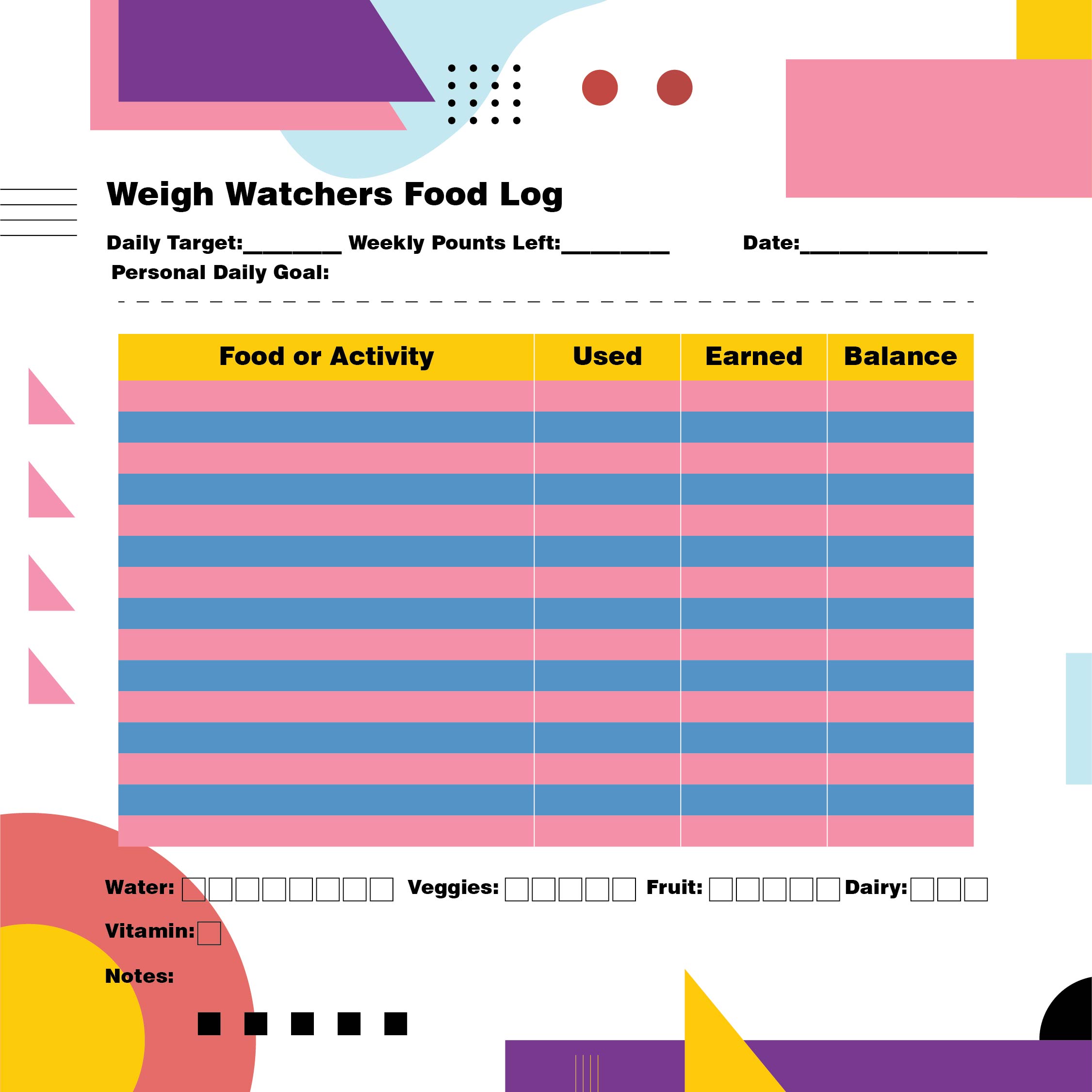 Weight Watchers Food Log Printable