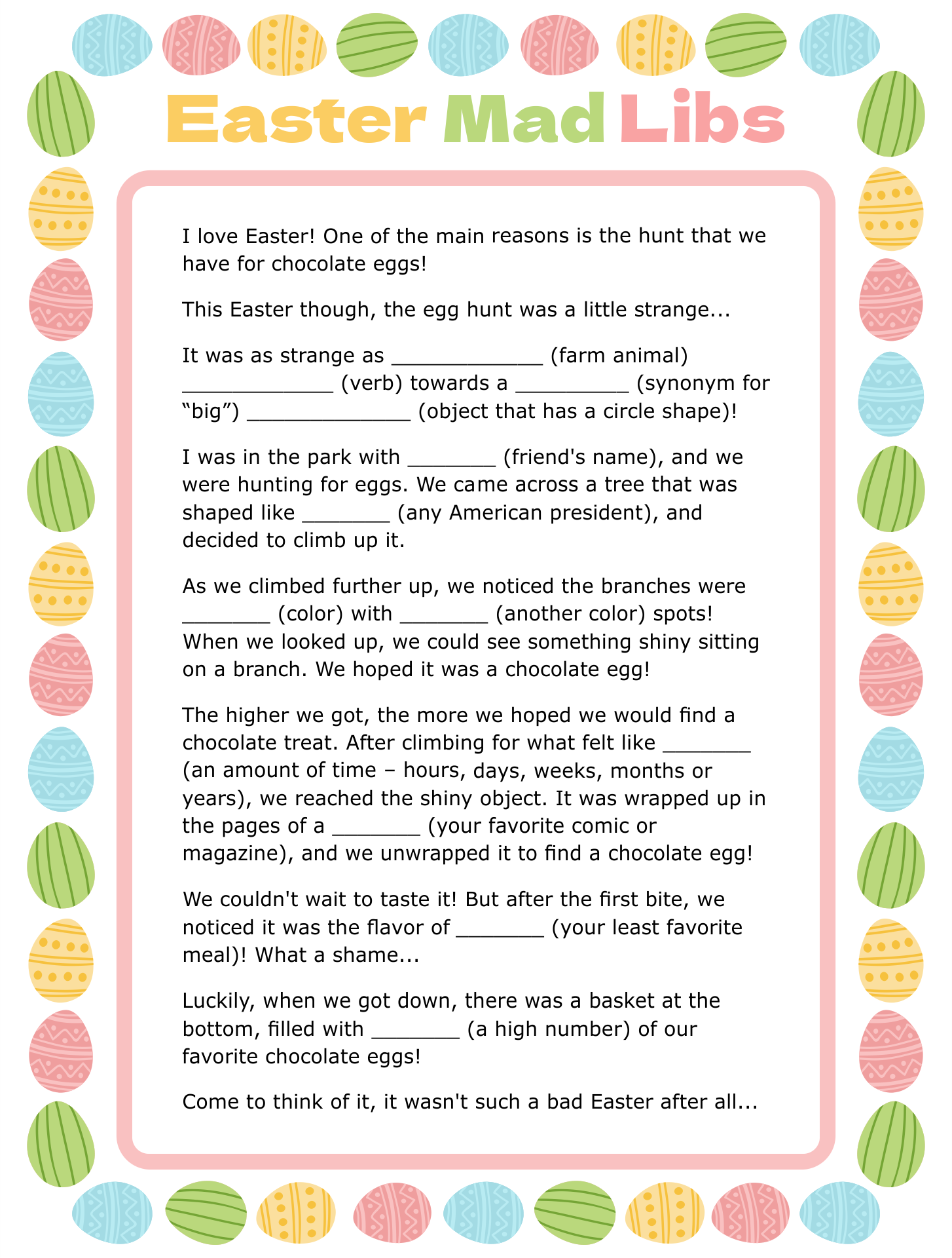 Easter Mad Libs Printable for Kids