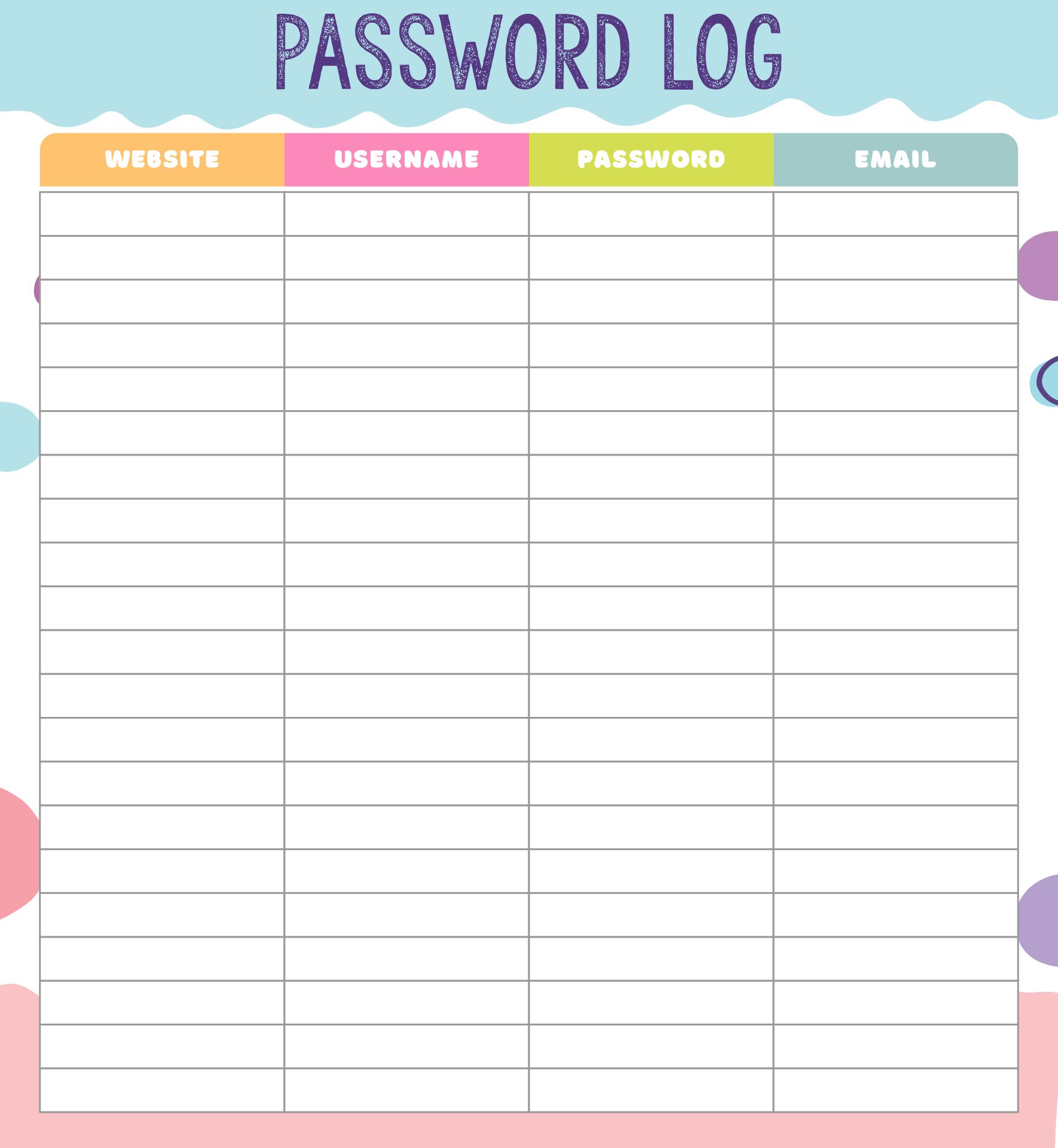 Username and Password Sheet Printable