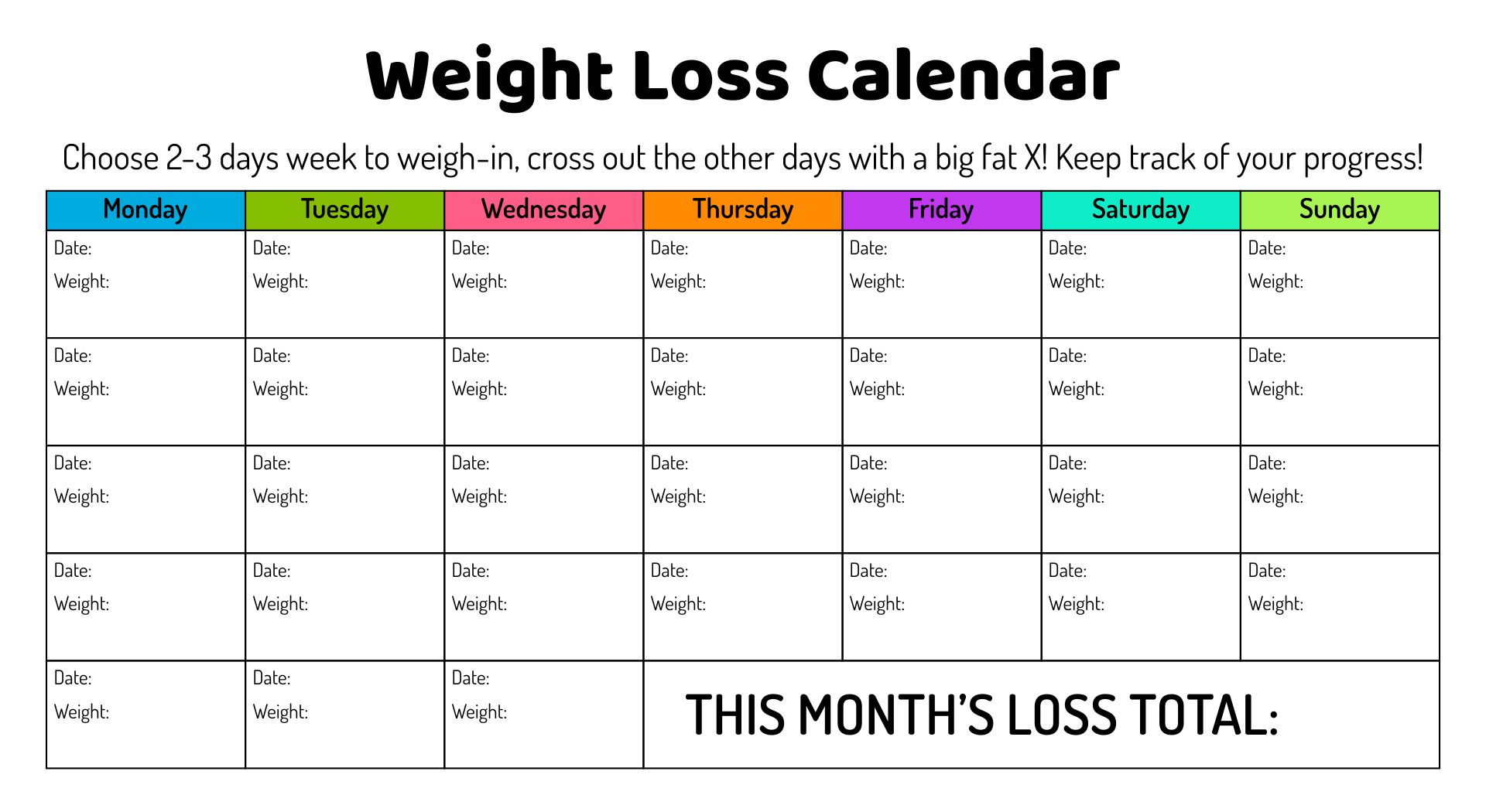 Weight Loss Chart Printable Calendar
