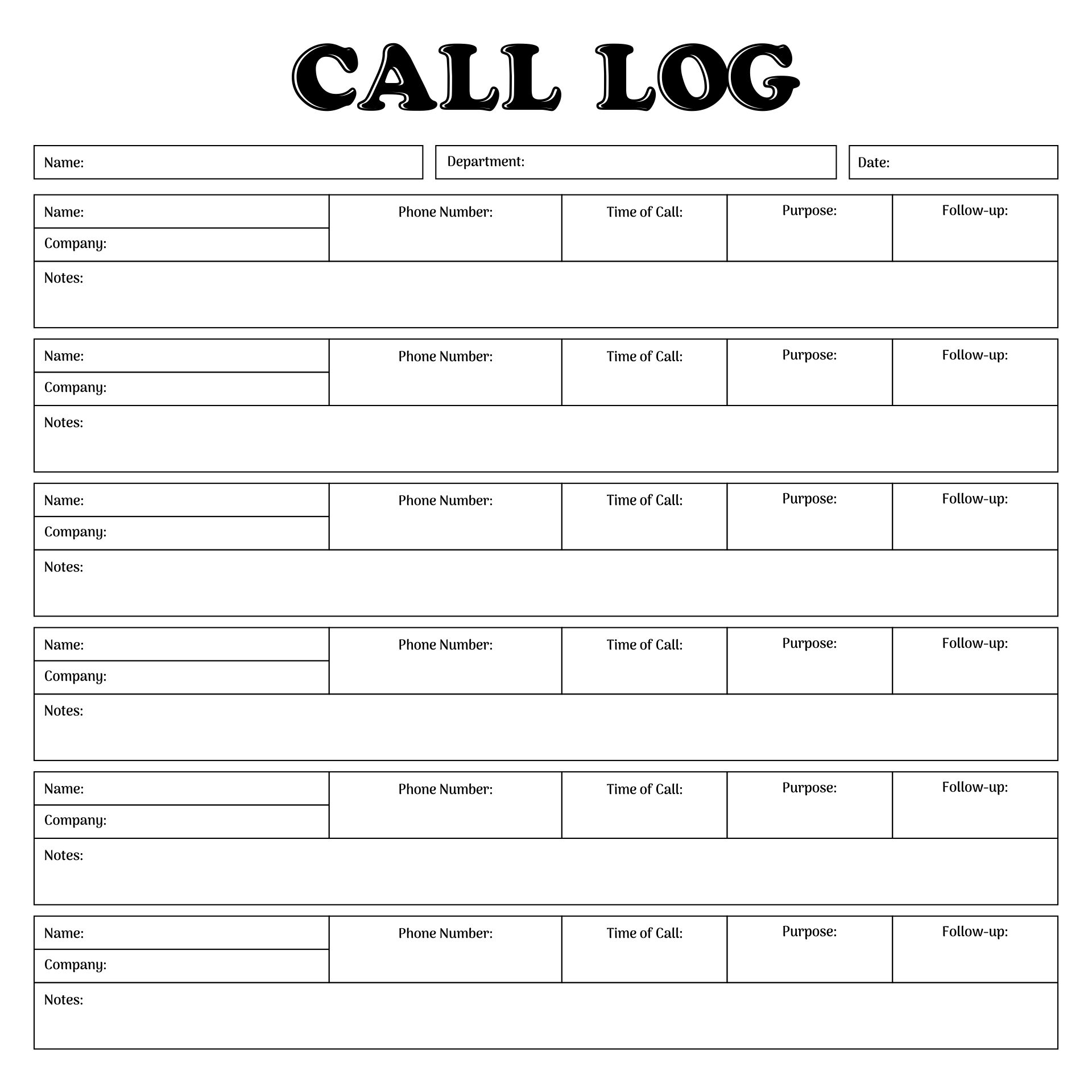 Printable Call Log Template