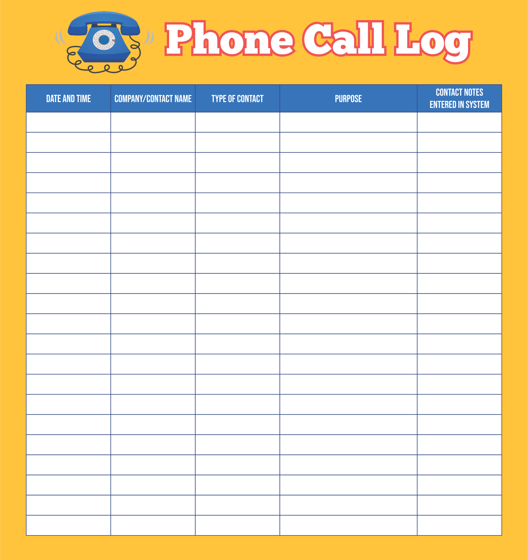Printable Phone Call Log Template