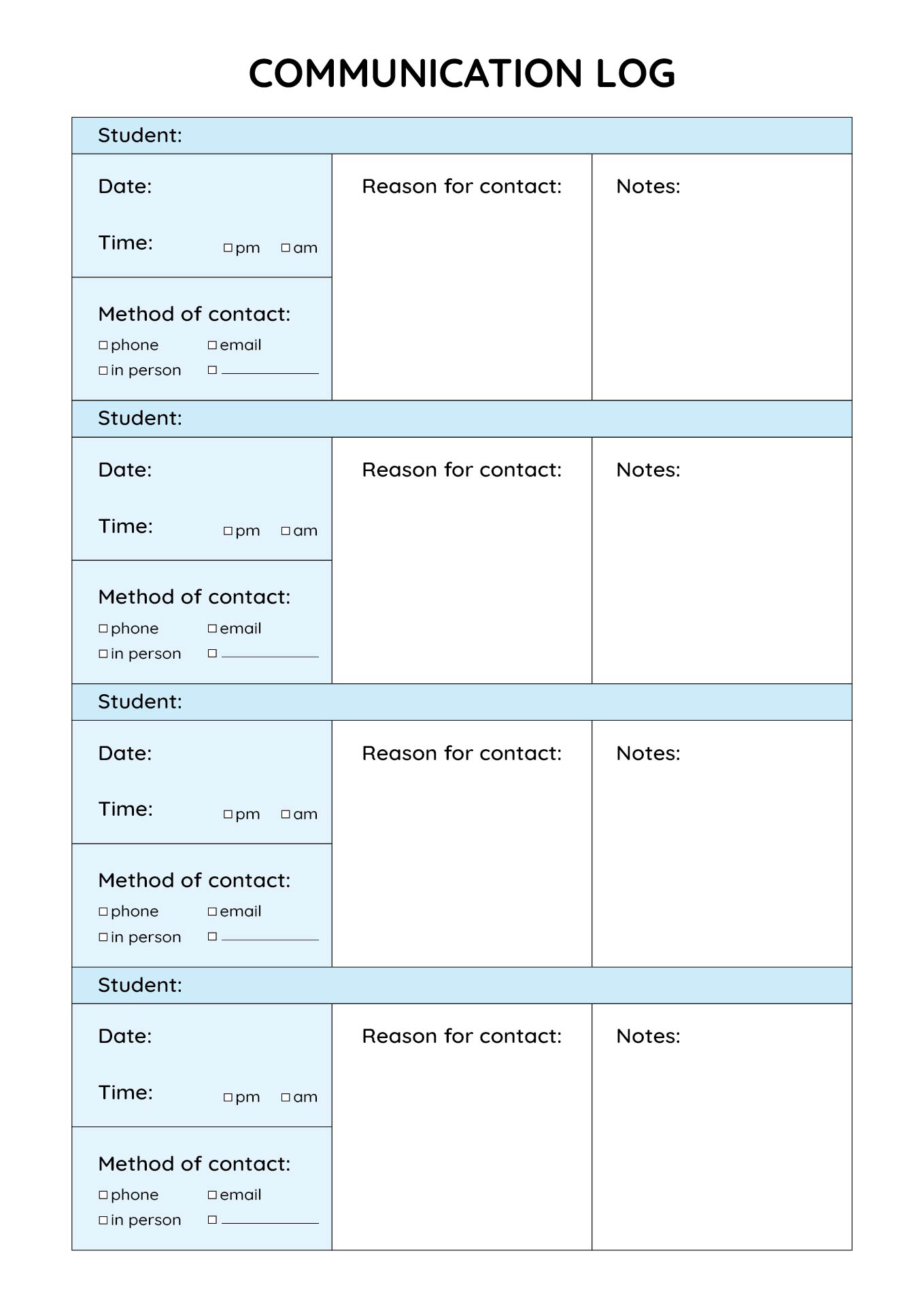 Teacher Phone Log Template Printable