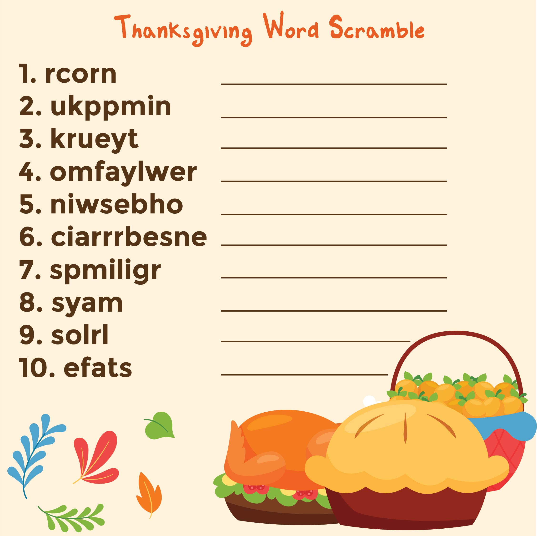 Printable Thanksgiving Word List