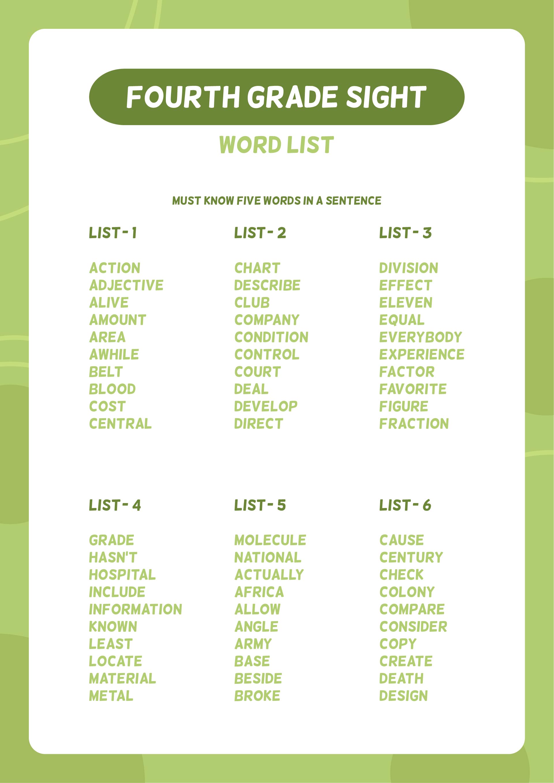 Fourth Grade Sight Words Printable