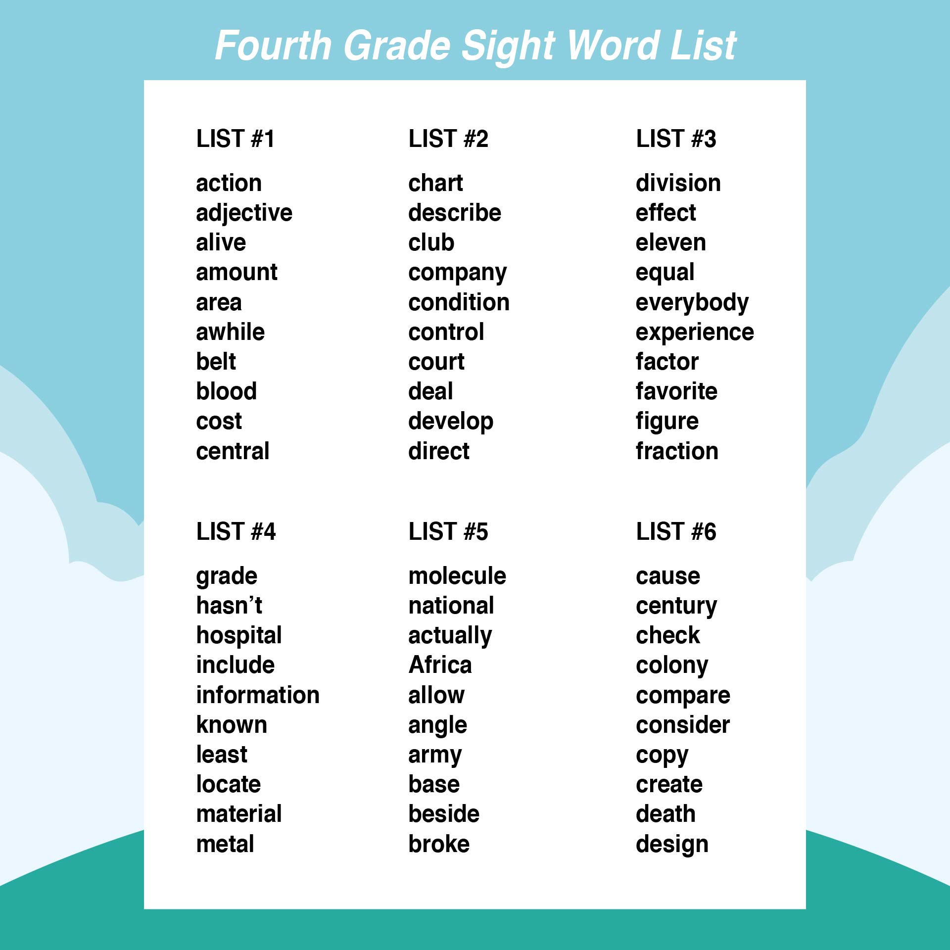 4th Grade Sight Words Printable