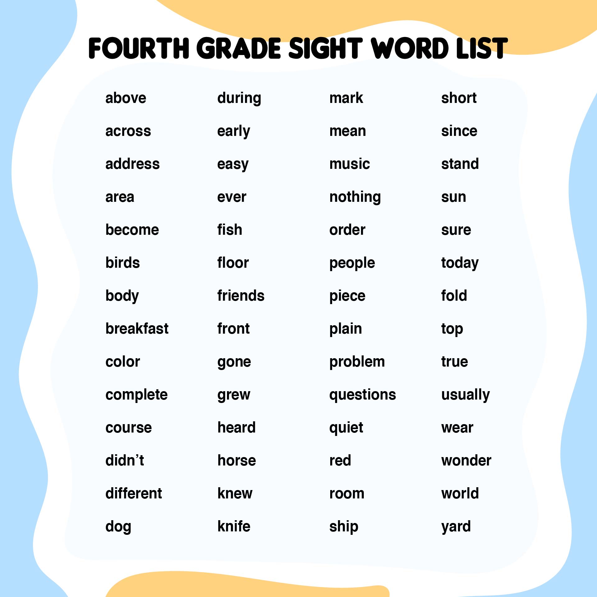 10 Best Fourth Grade Sight Words Printable