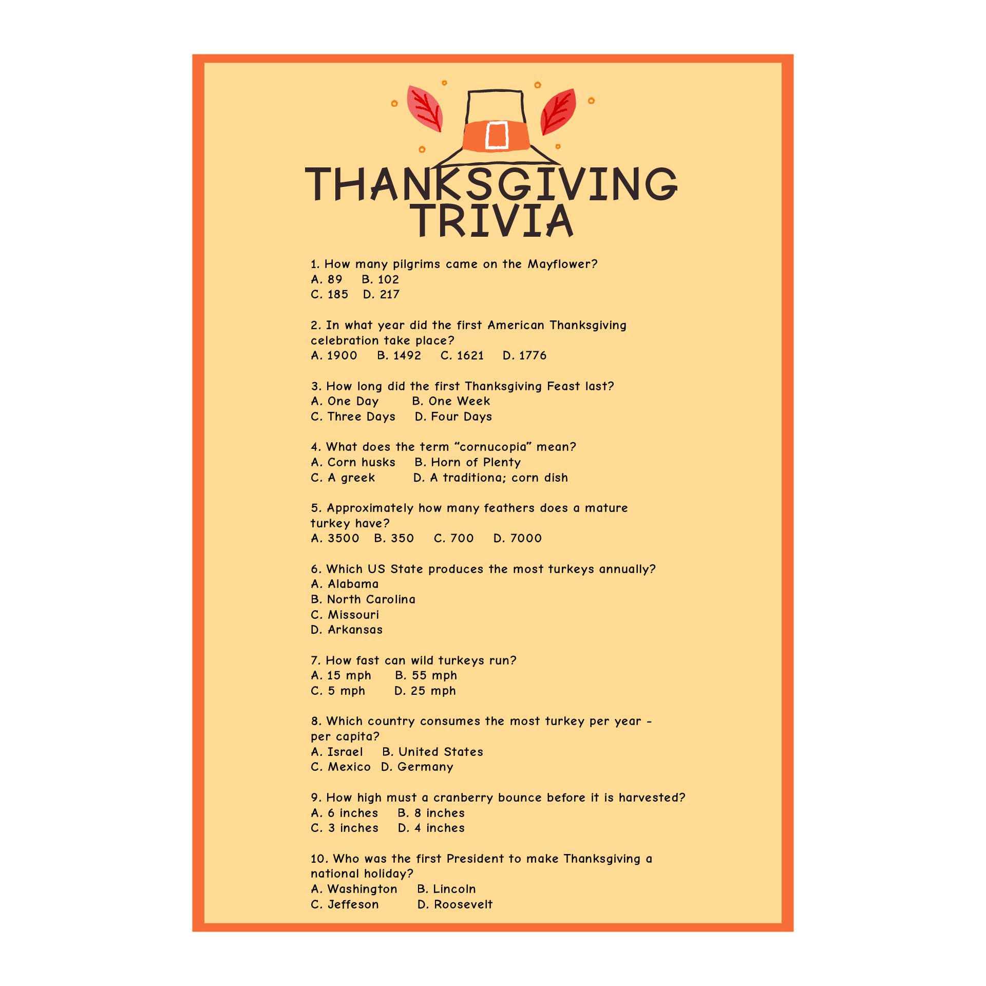 7 Best Printable Thanksgiving Trivia And Answers Printablee Com