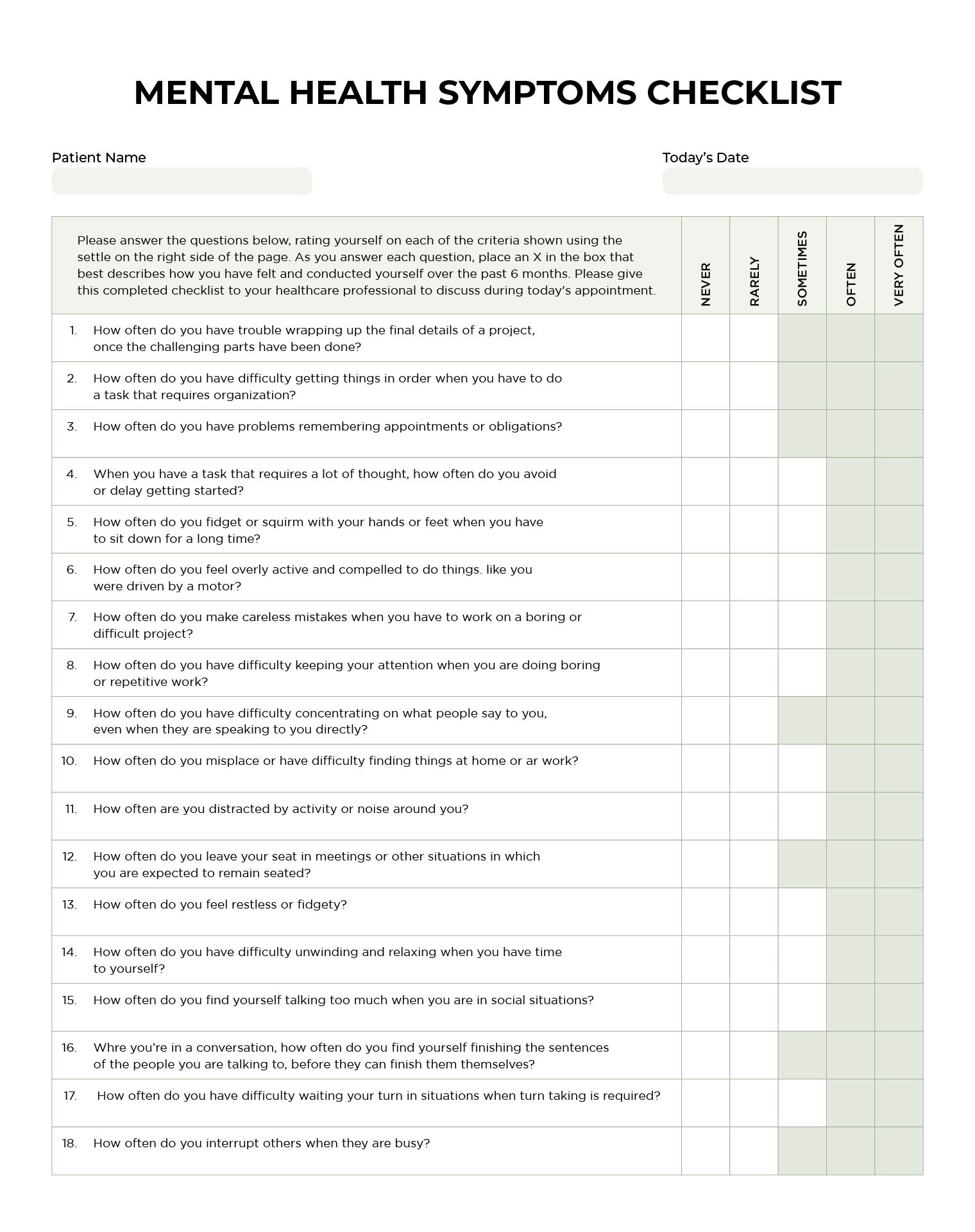 Medical Checklist Printable