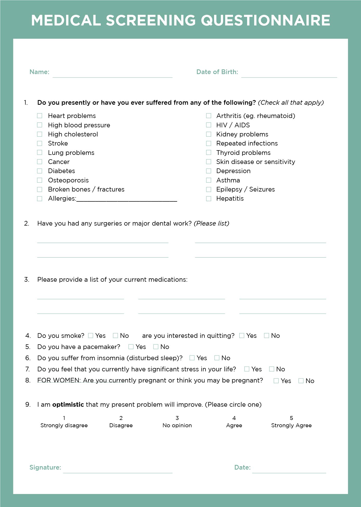 Printable Medical Screening Checklist