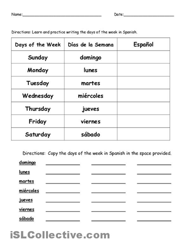 Spanish Days of the Week Worksheets Printable