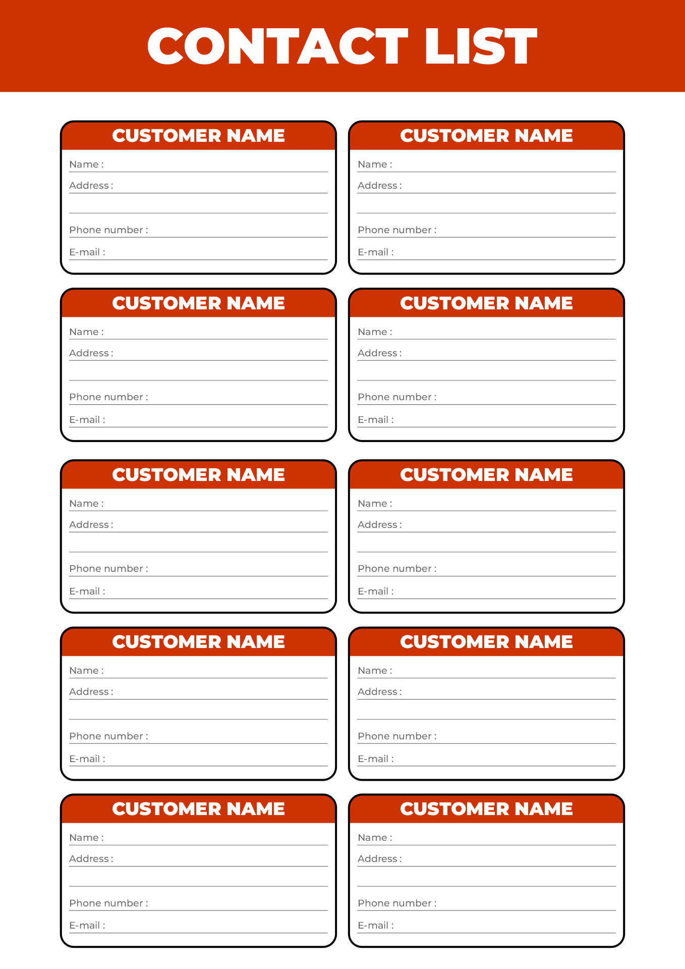 Printable Contact List Templates