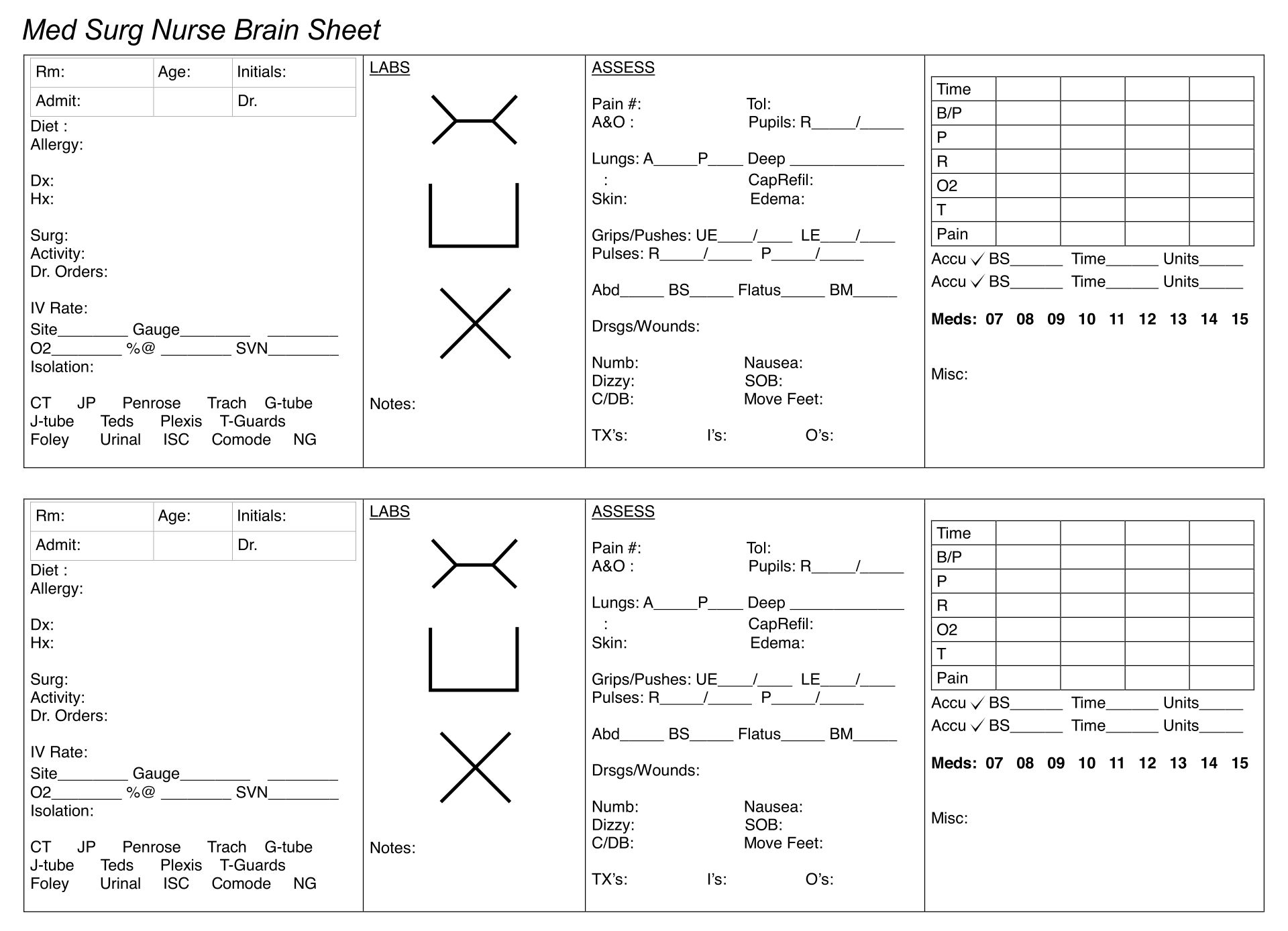 Med Surg Nurse Brain Sheet Template