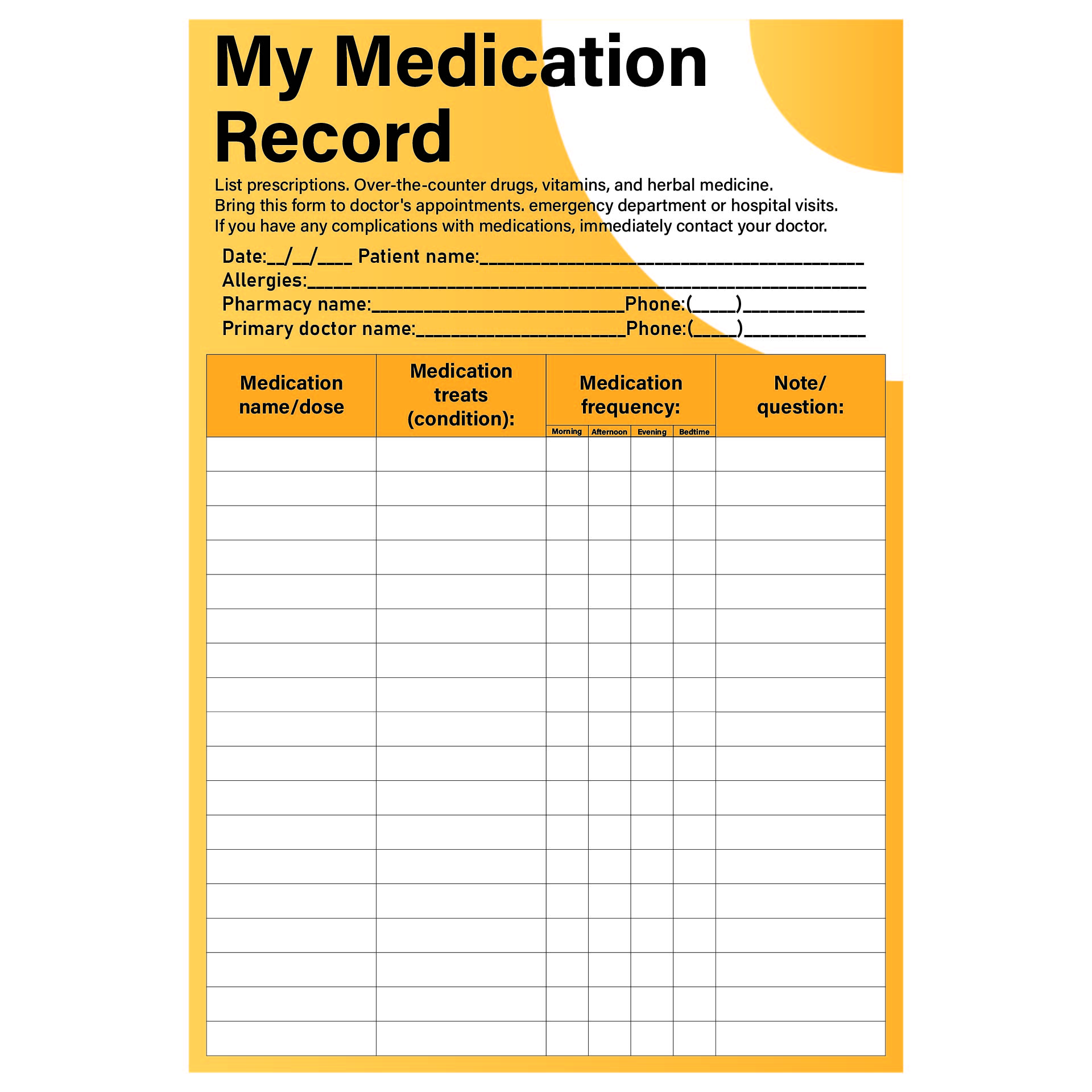 Personal Medication Record Wallet Card