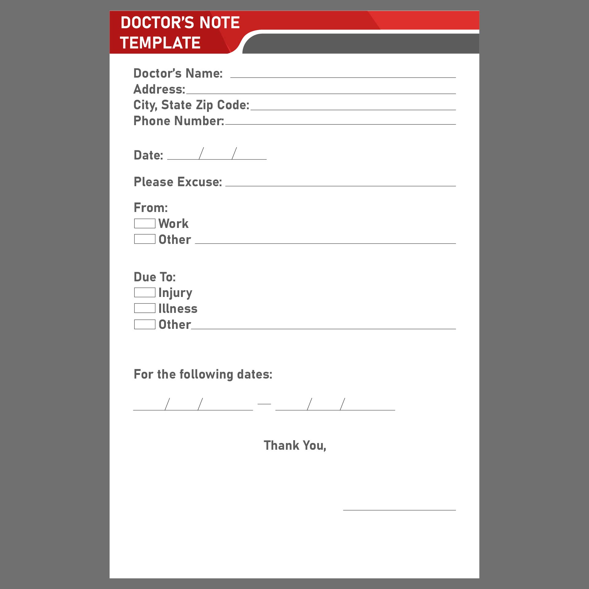Printable Doctor Excuse Note for Work