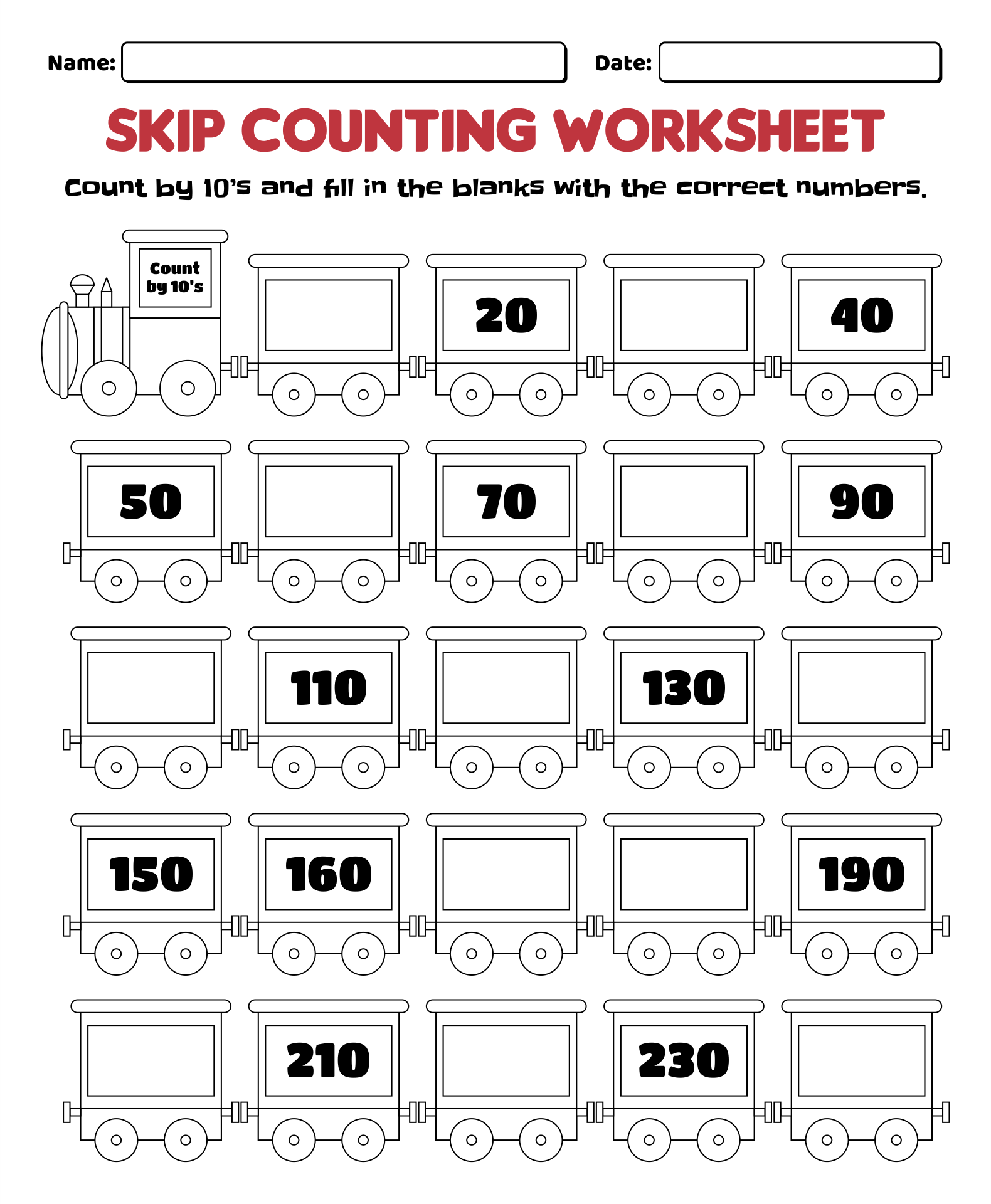 Skip Counting by 10 Worksheets