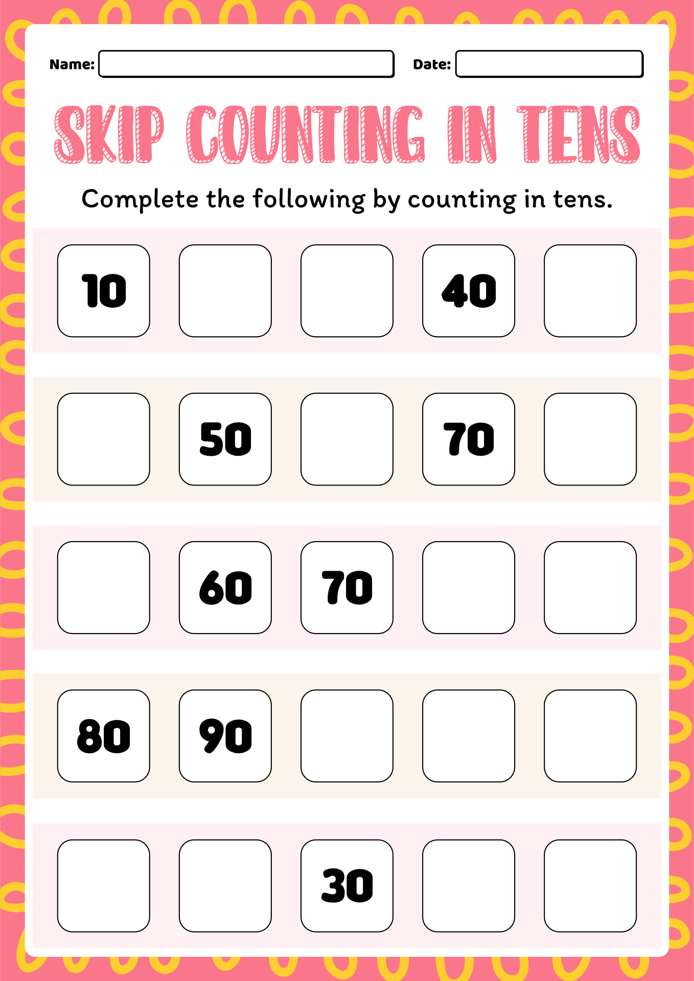 Skip Counting by 10s Worksheets