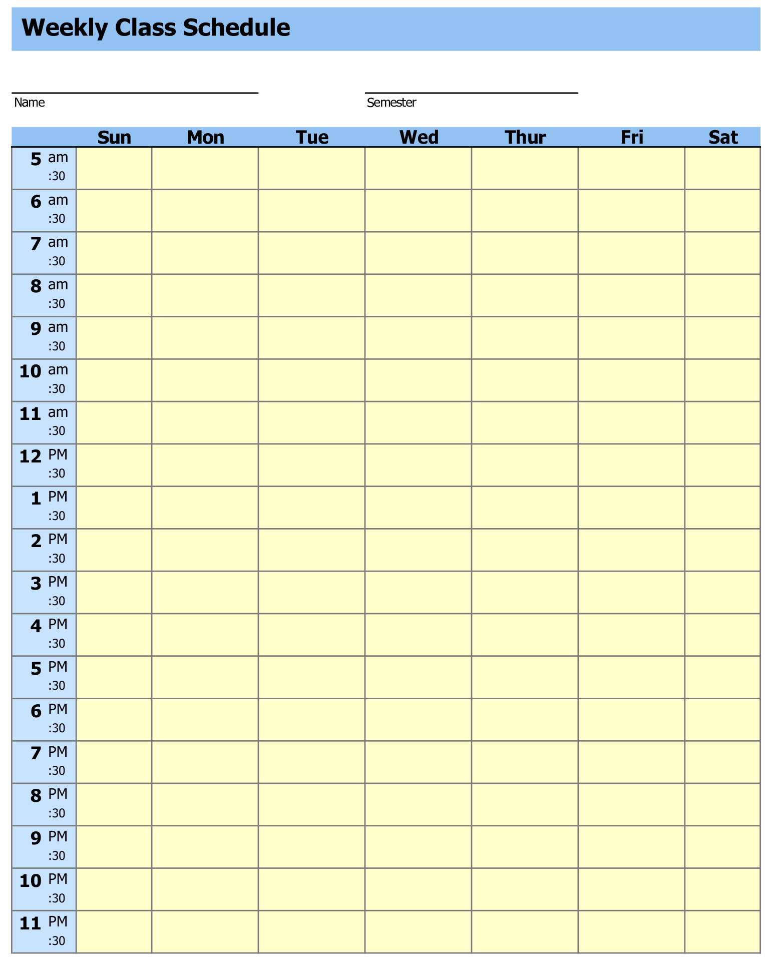 Printable Blank Class Schedule