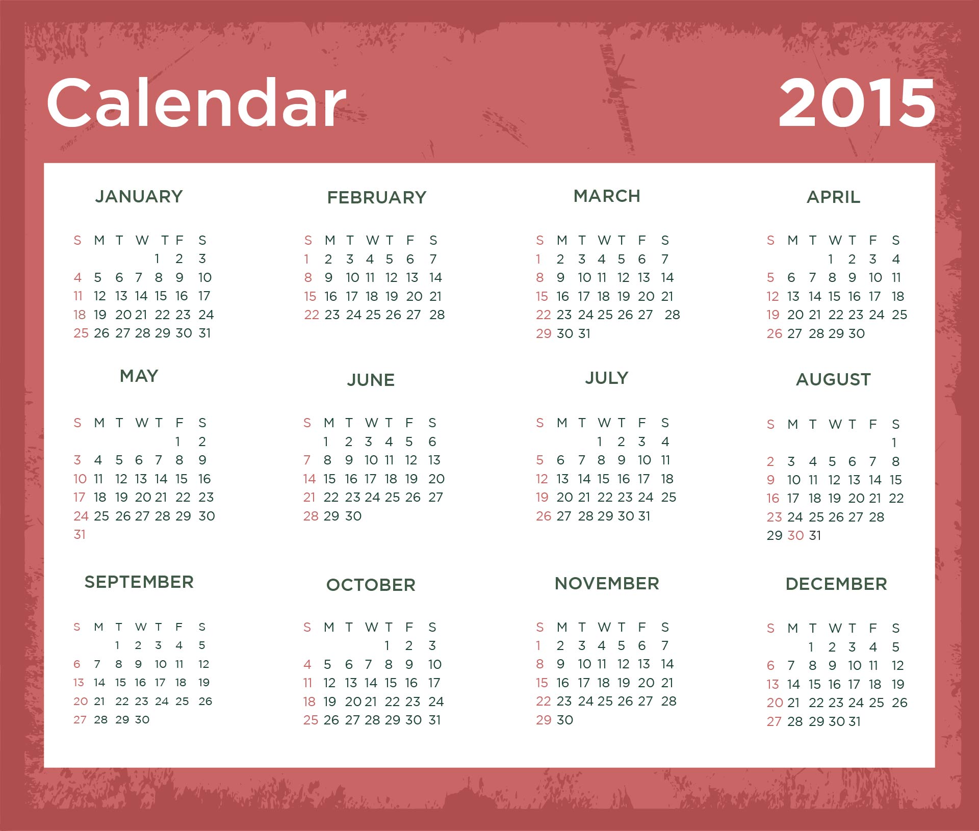Year Calendar 2015 Printable with Holidays