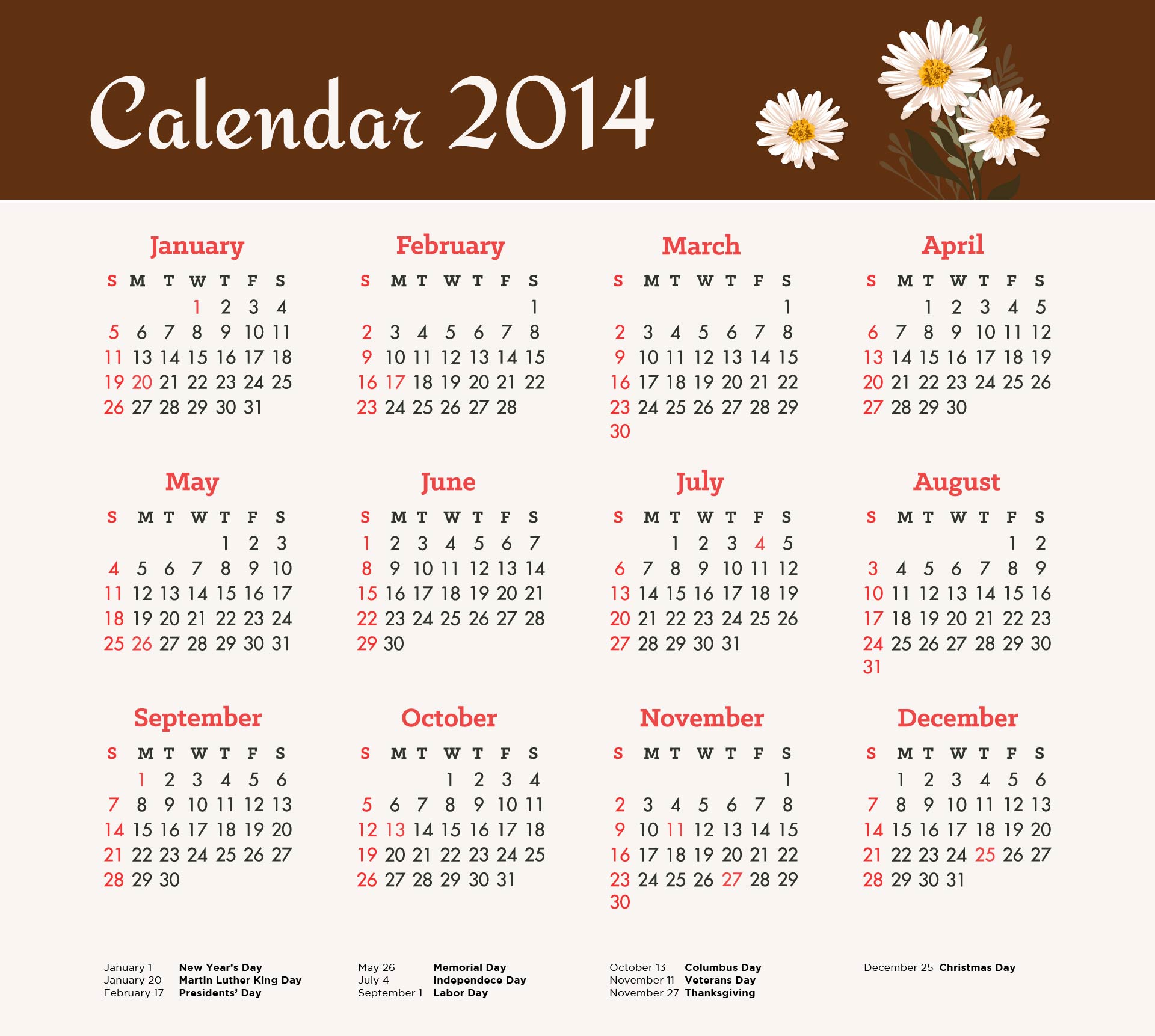 Yearly Calendar with Holidays