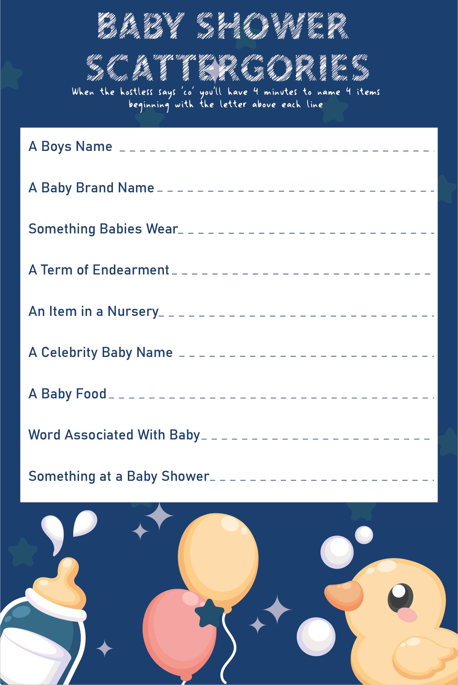 Baby Shower Game Scattergories