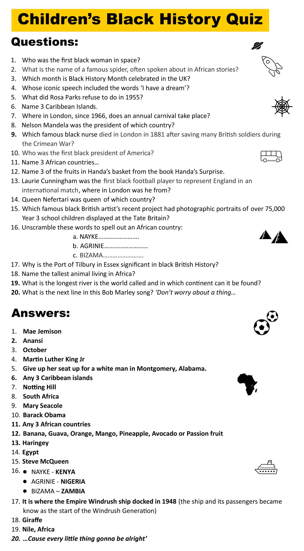 Black History Trivia Questions and Answers Printable