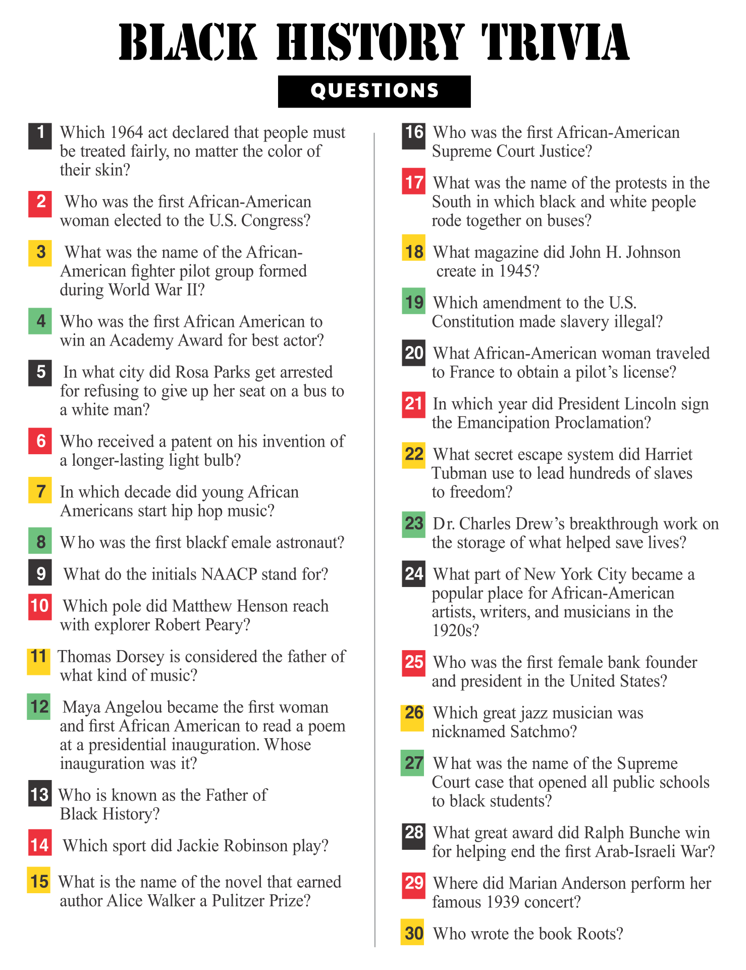 5 Best Black History Trivia Questions And Answers Printable