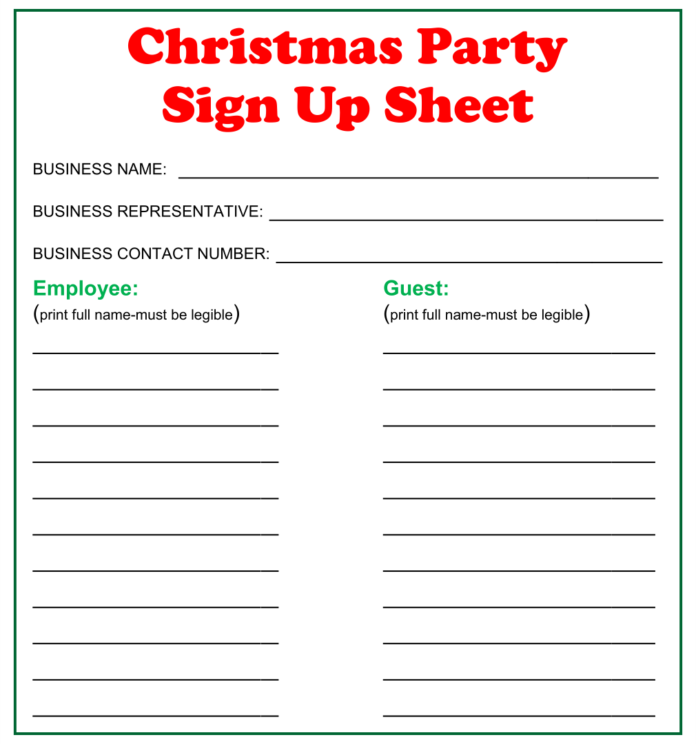 Christmas Party Sign Up Sheet Template