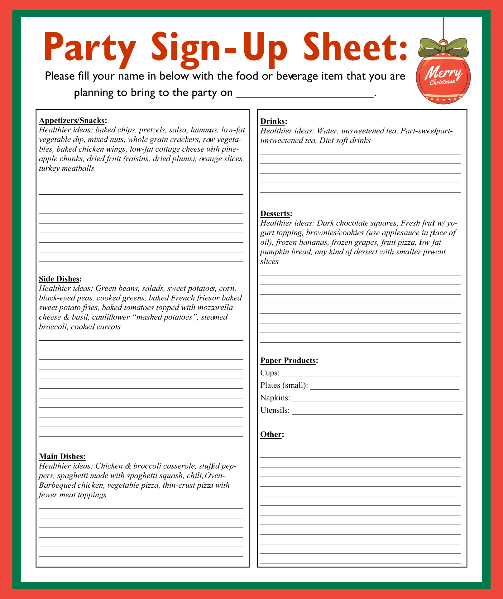 Party Sign Up Sheet Template
