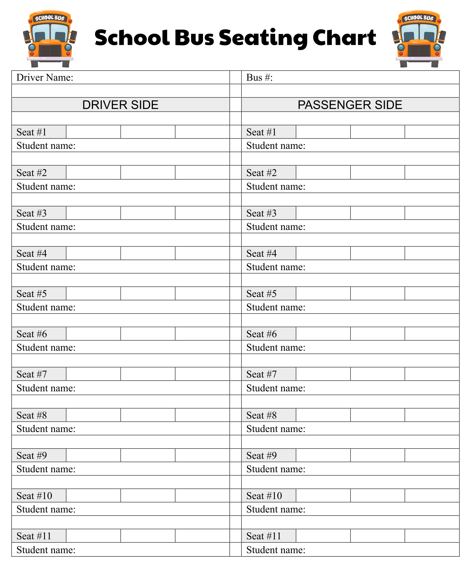 Printable School Bus Seating Chart