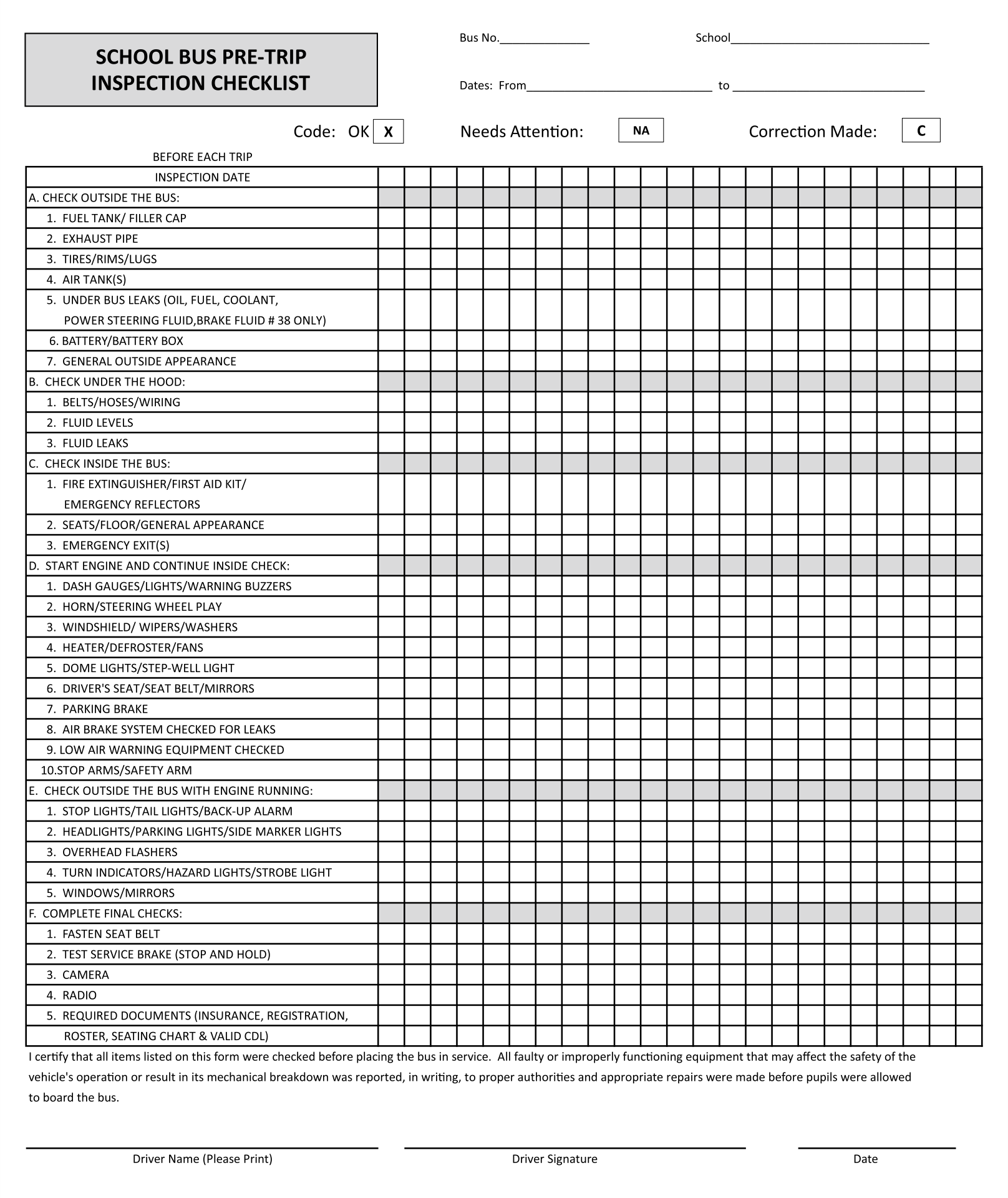 School Bus Pre-Trip Inspection Checklist