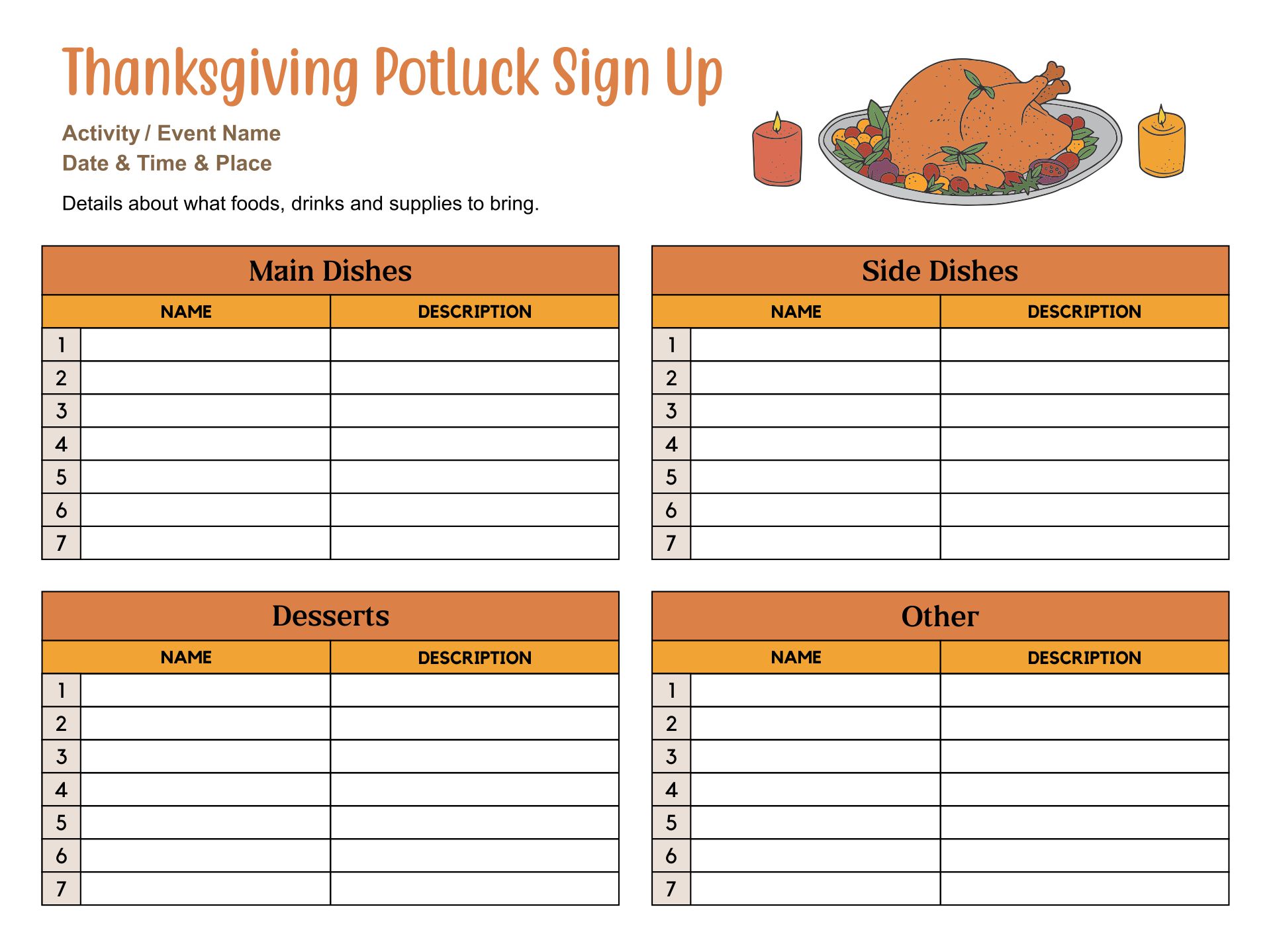 Thanksgiving Potluck Sign Up Sheet Printable