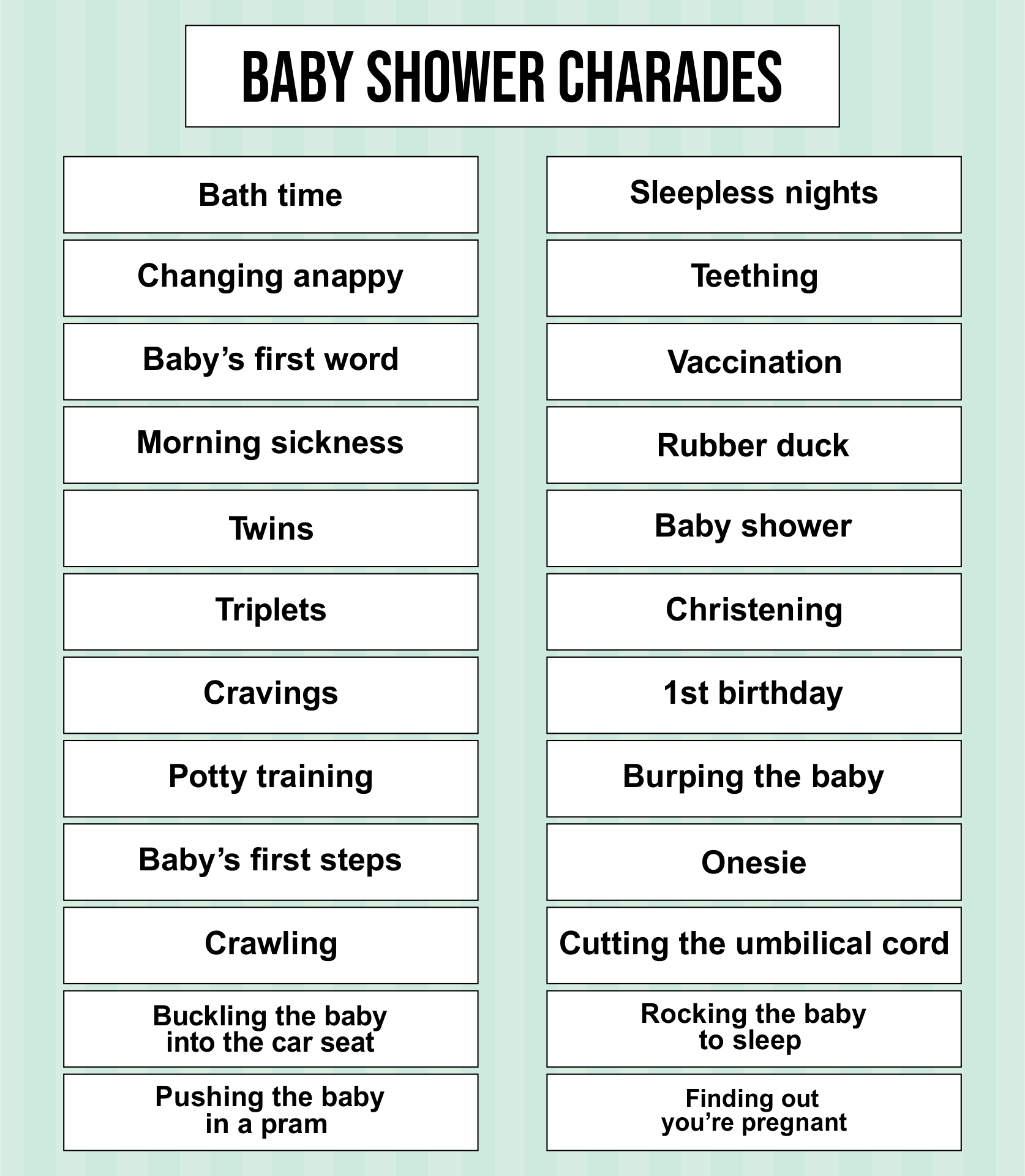 Baby Shower Charades Word List