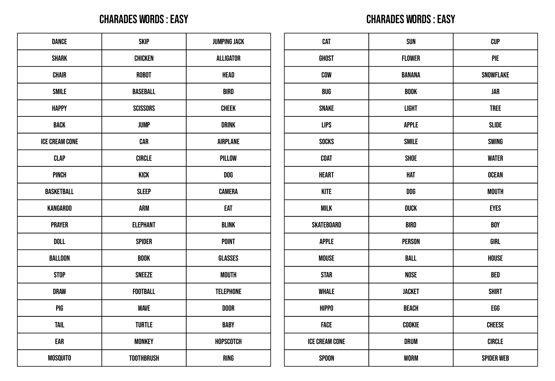 Printable Charades Words