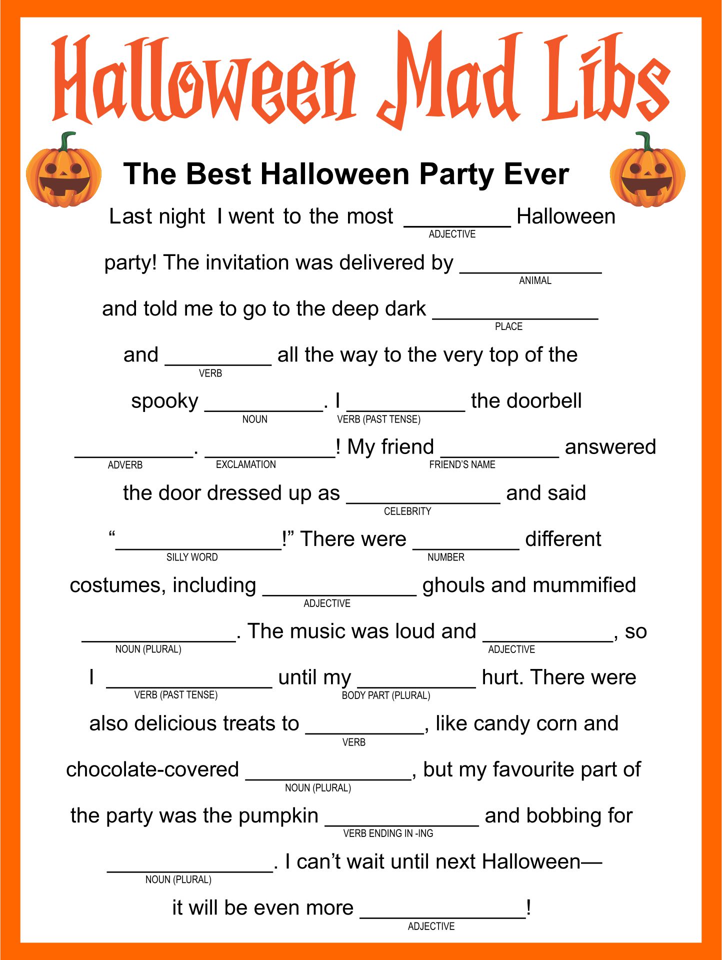 Halloween Mad Libs Printable Worksheets