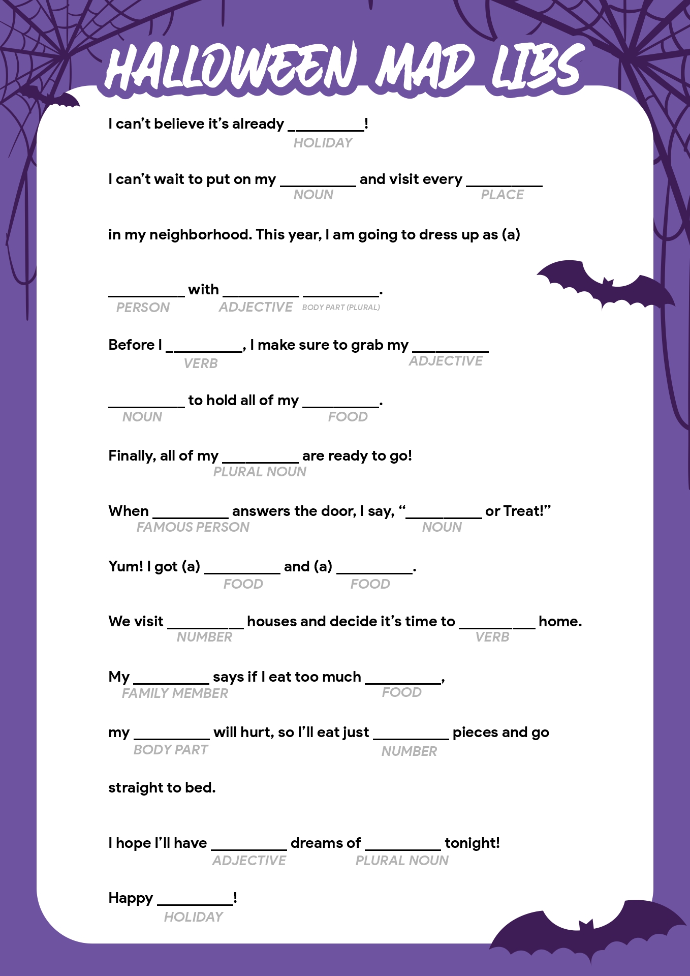 Mad Libs Halloween Printable