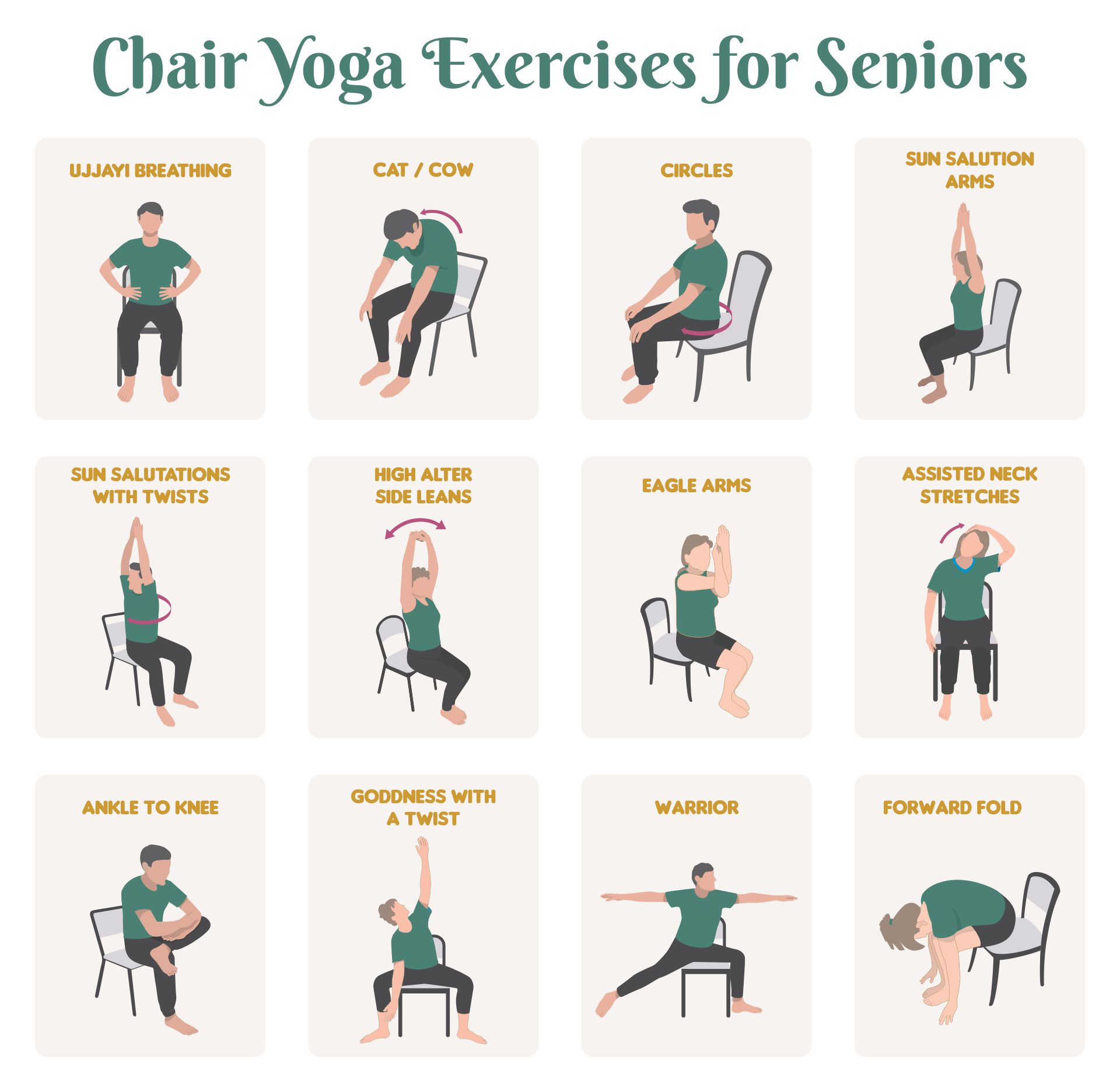 Chair Yoga Exercises For Seniors - 20 Free PDF Printables | Printablee