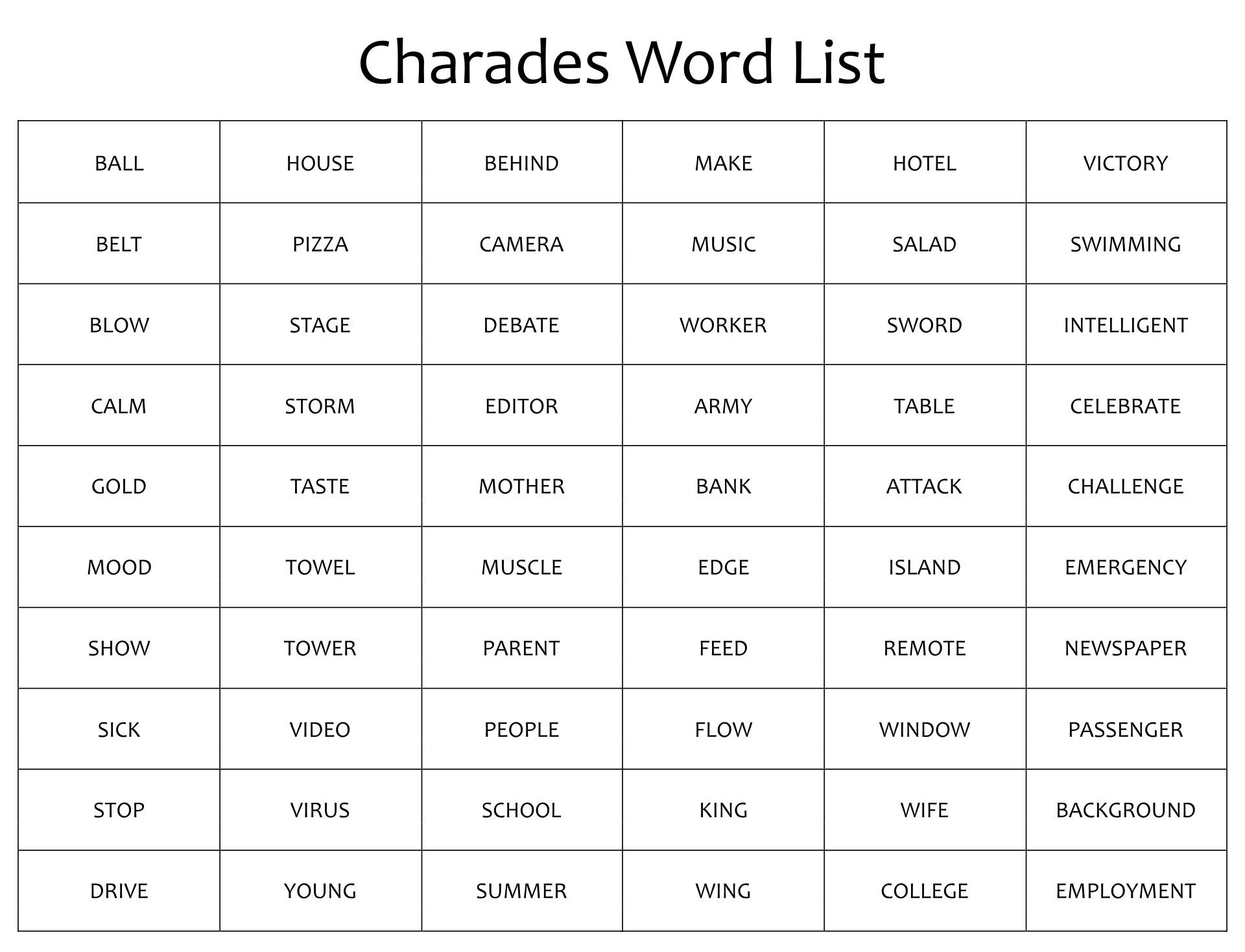 Charades Game Word List