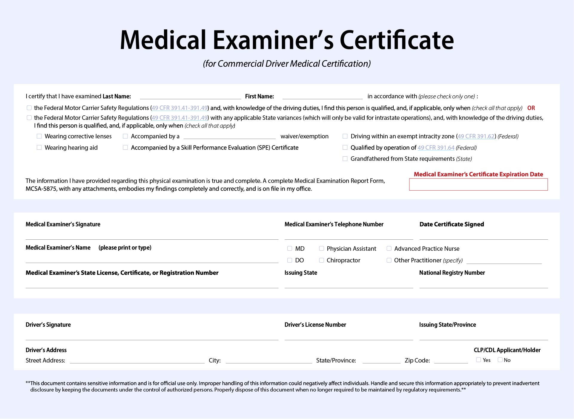 Dot Medical Card Form