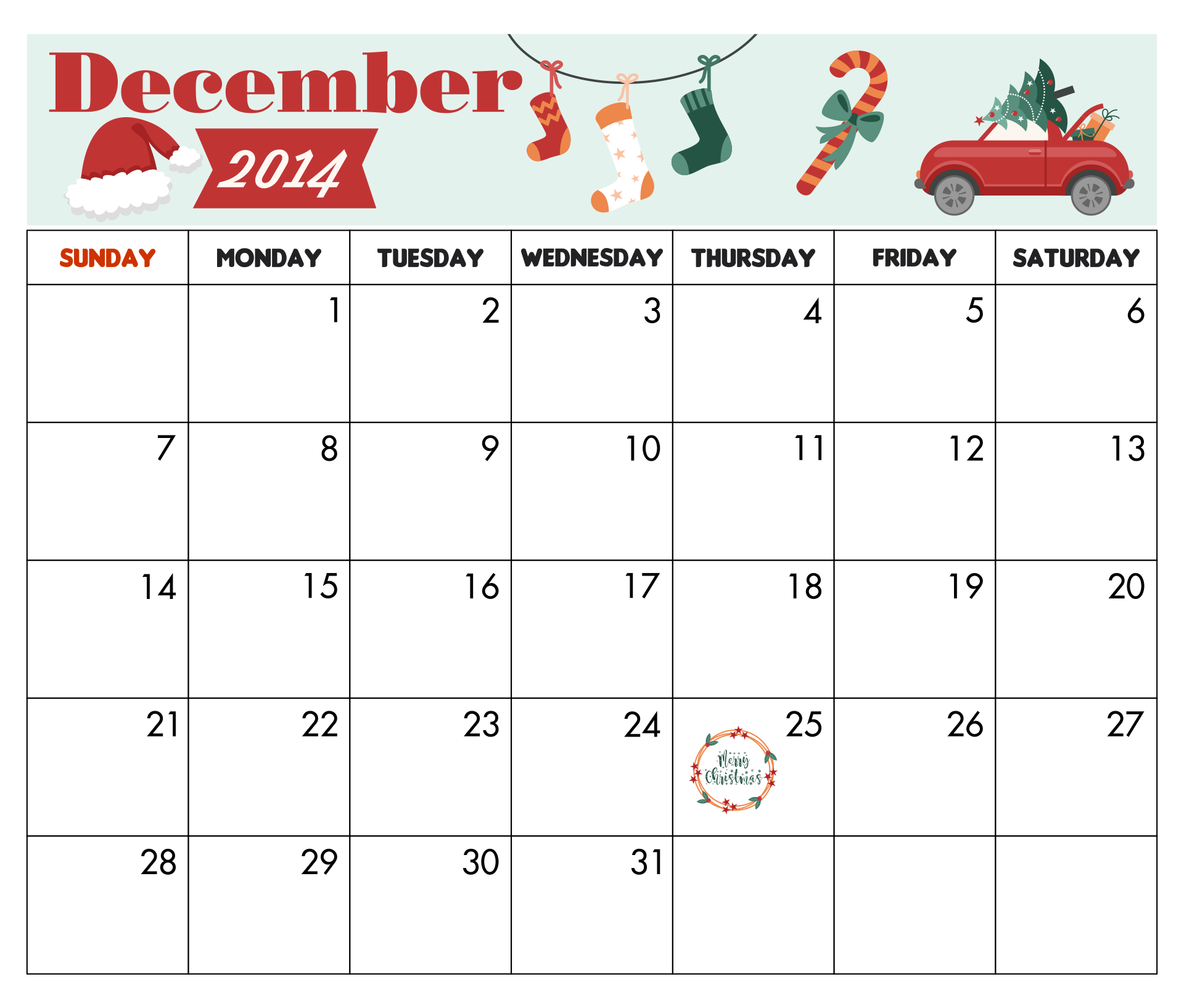 Printable Christmas Calendar December 2014