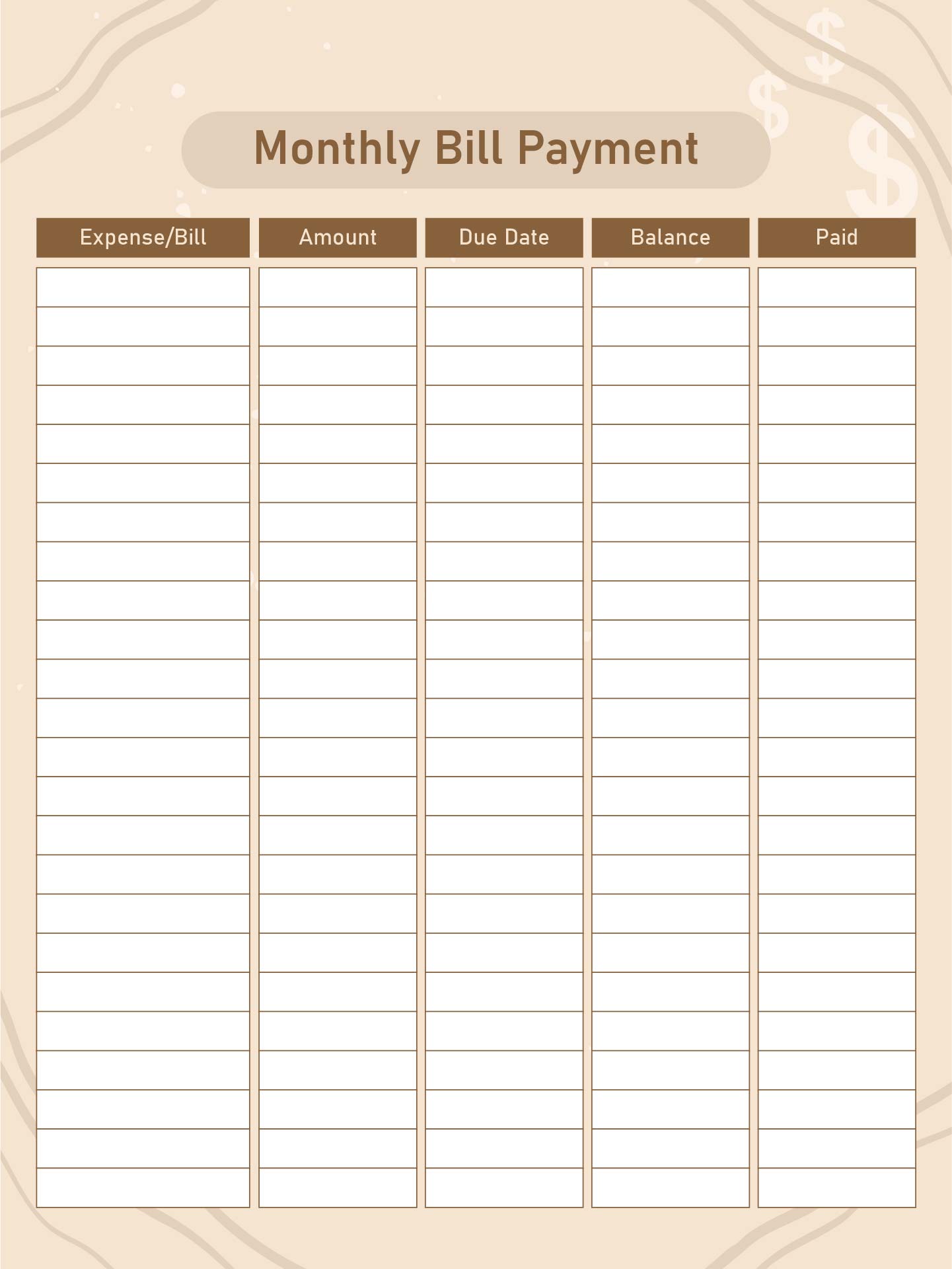 Printable Payment Log