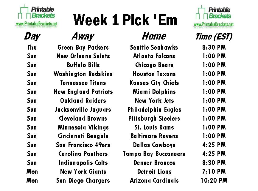 NFL Football Pick Em Sheets Week 1