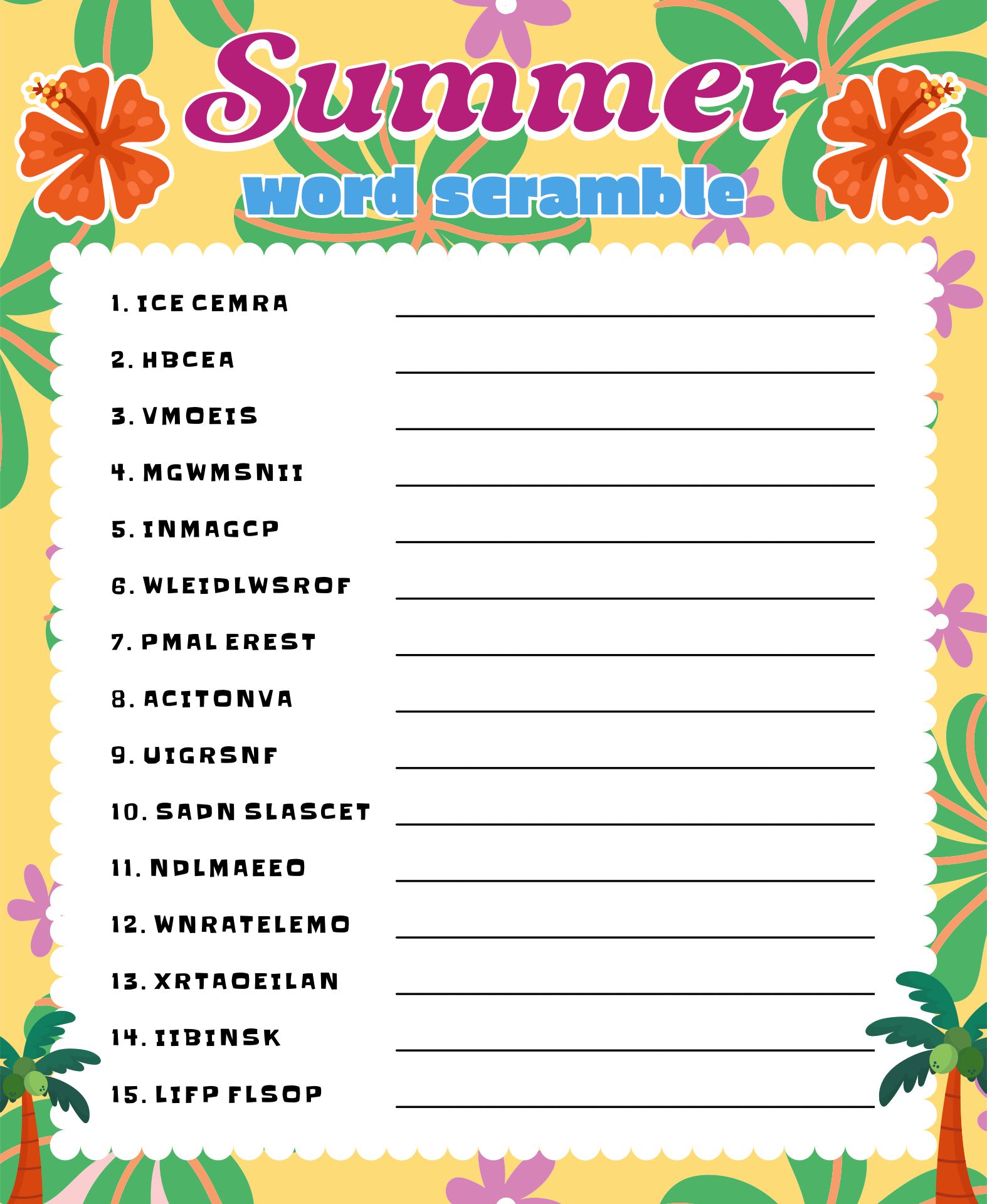 Summer Word Scramble Worksheets
