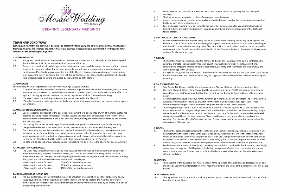 Wedding Planner Contract Sample Templates