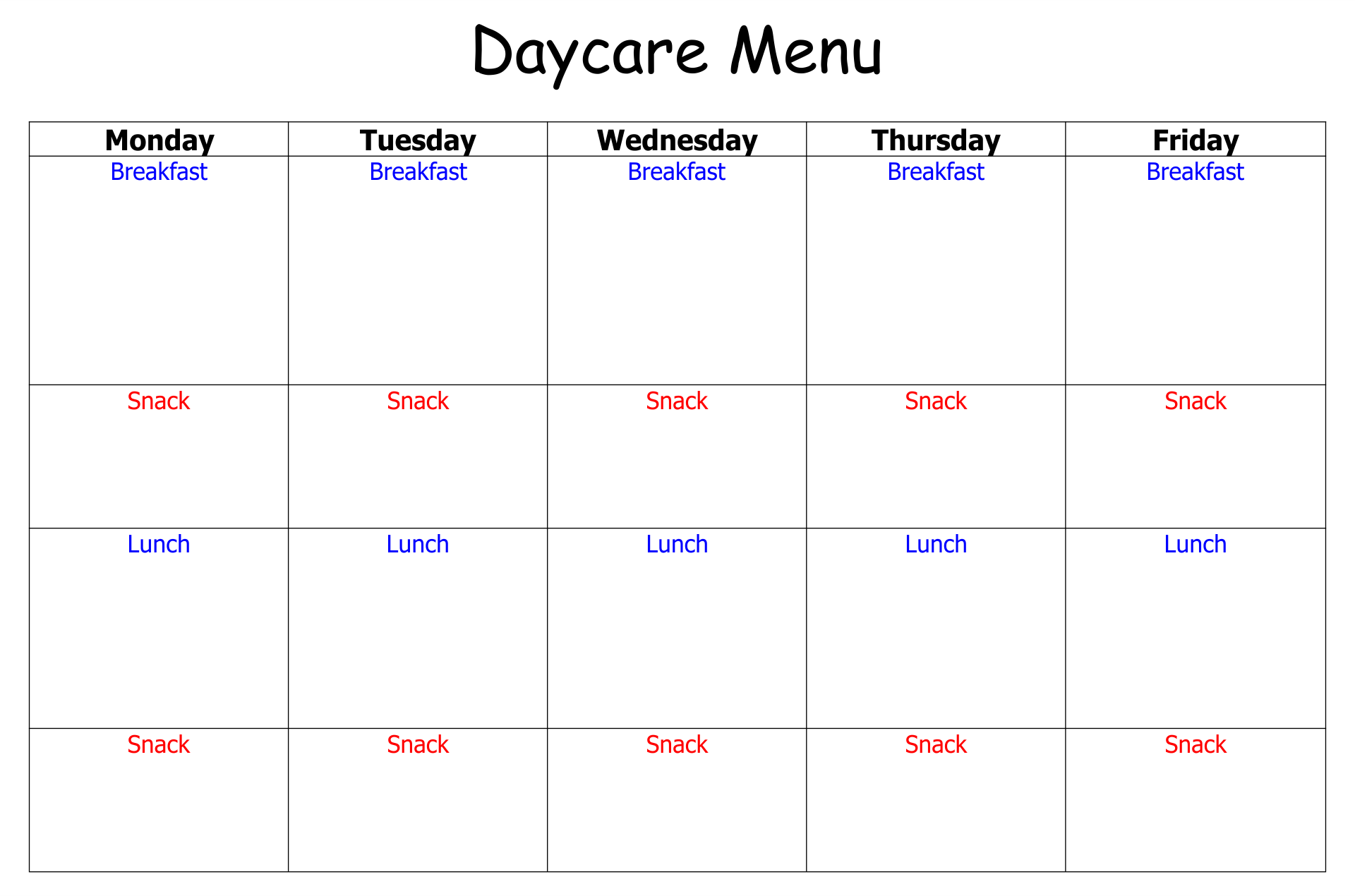 Printable Daycare Menu Template - Printable World Holiday